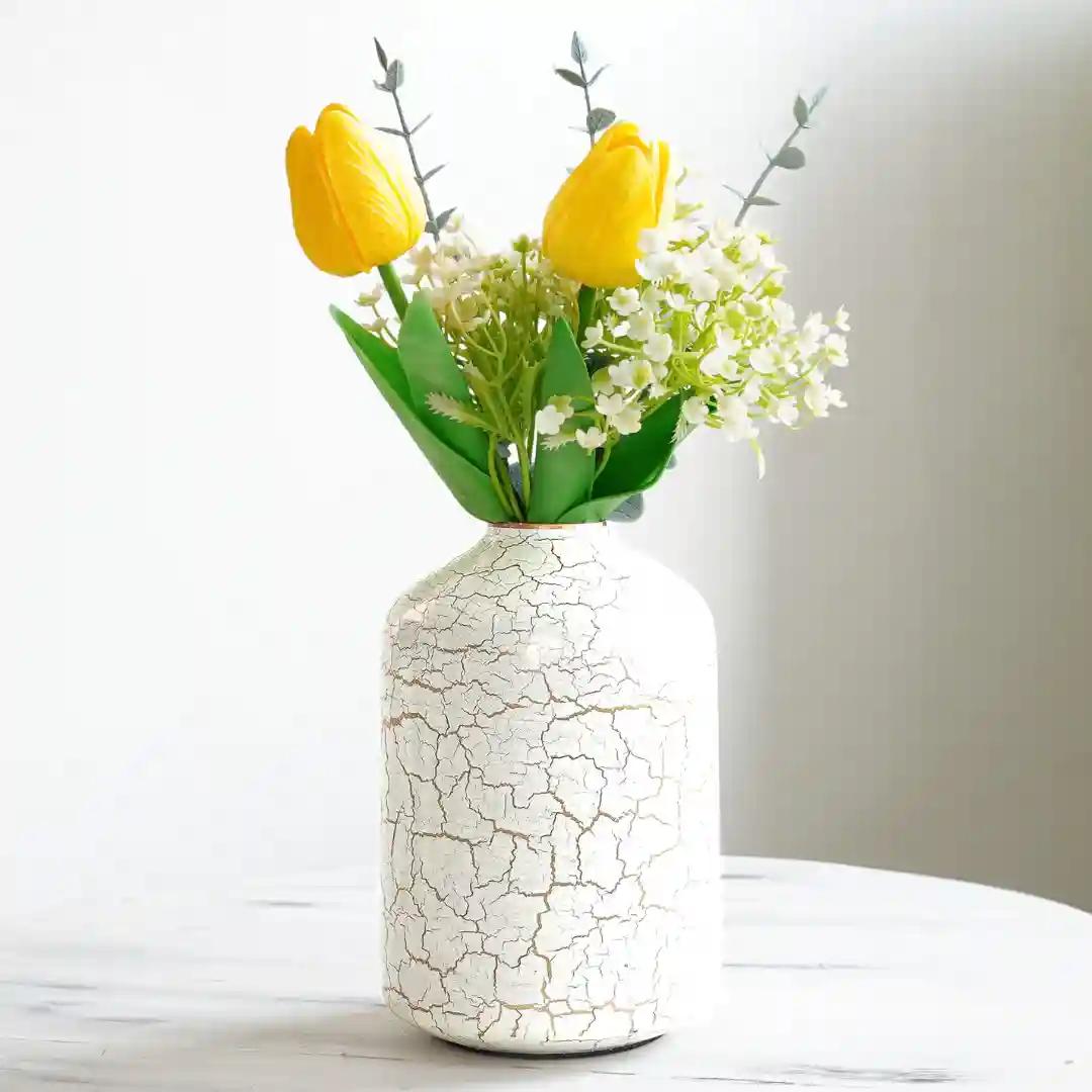 Behoma Metal Flower Vase for Home Decor Bedroom Living Room Office Wedding | Table Decorative Item for Festivals Birthday Off-White Crackled 1Pcs(10.5 x 15.7 CM) (Flower not Included)