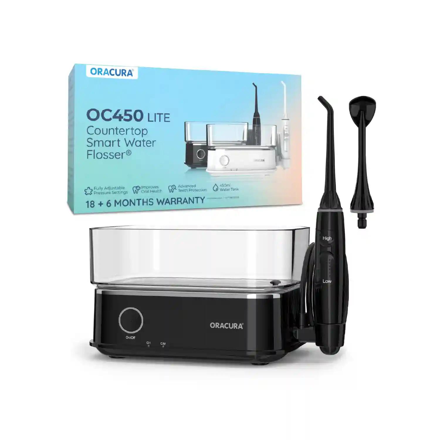 ORACURA OC450 LITE Countertop Smart Water Flosser Black 2 Nozzle Tips