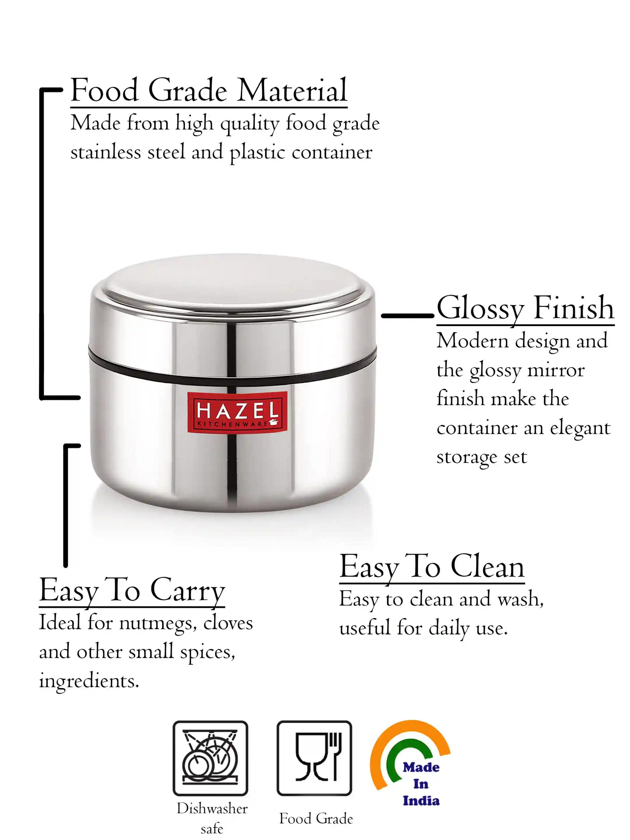 HAZEL Stainless Steel Masala Container Dabbi |Small Container for Spices | Heavy Gauge Airtight Masala Boxes for Kitchen | 250 ml, Silver