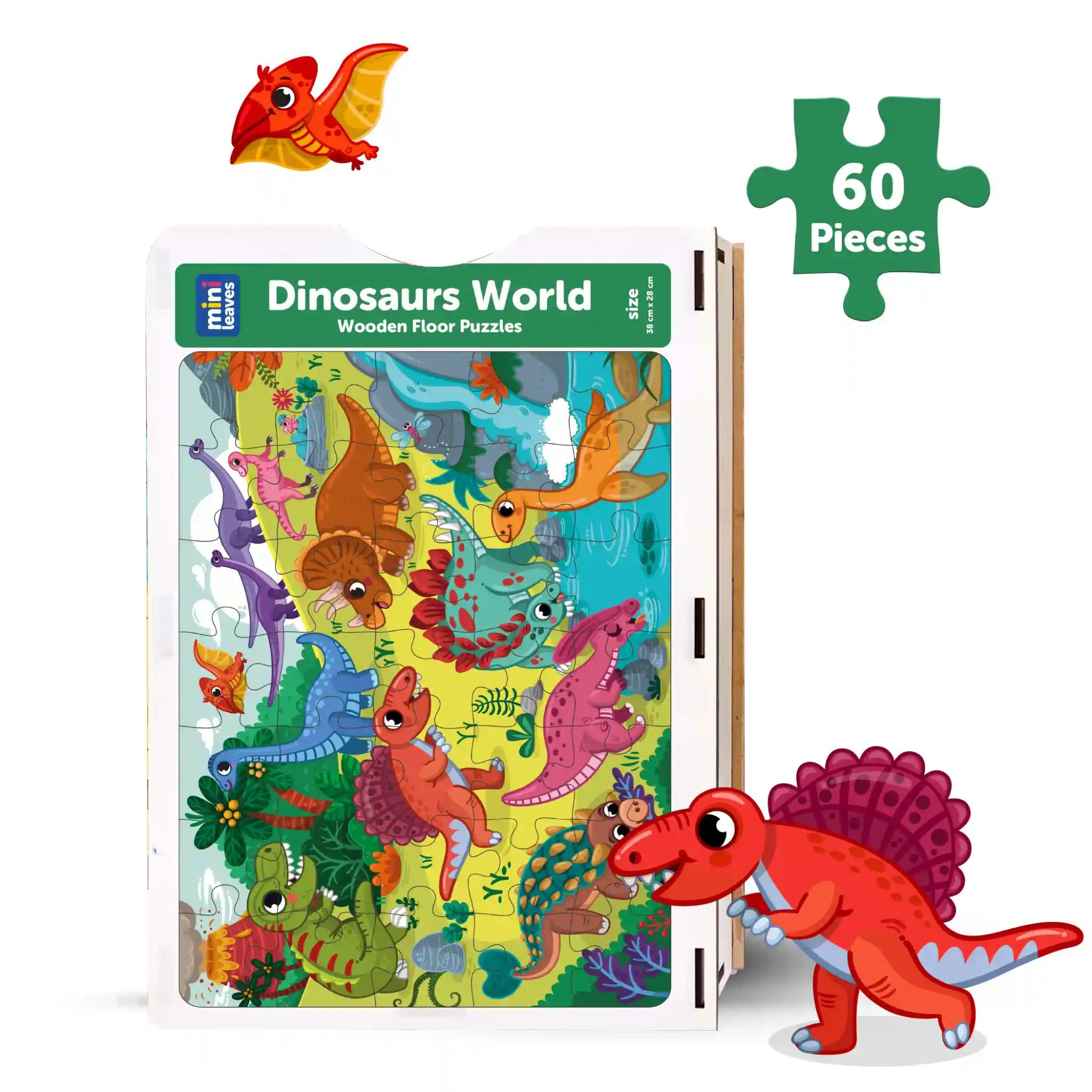 Mini Leaves Dinosaurs World 60 Piece Wooden Floor Puzzle for Kids with Booster Cards & Wooden Box