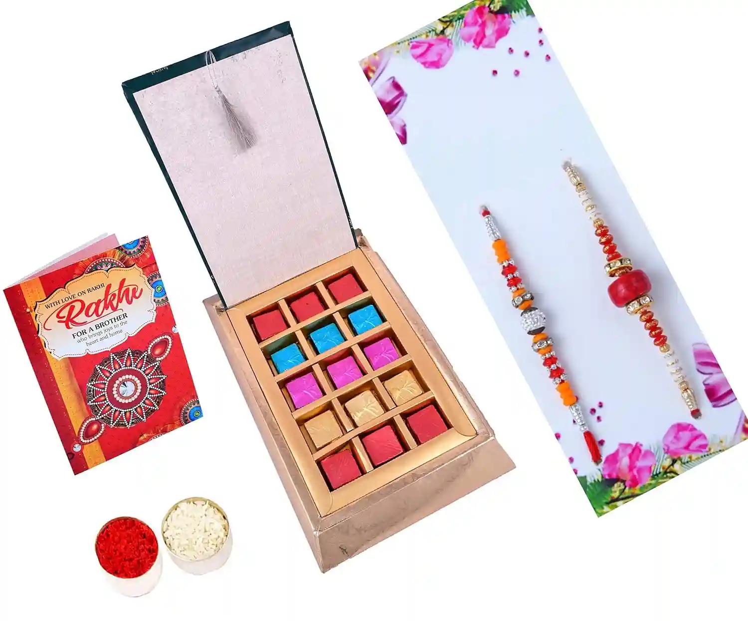 MANTOUSS Rakhi For Brother With Gift/Rakhi For Brother With Chocolate-Set Of Two Rakhi+Chocolate Box+Roli,Chawal+Rakhi Greeting Card