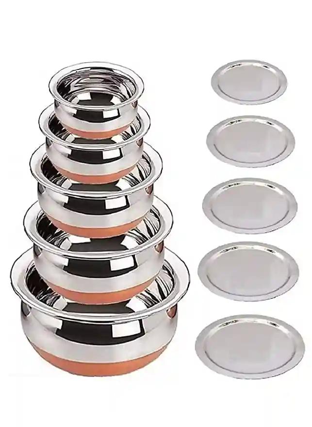 LIMETRO STEEL Set of 5 Copper Bottom Stainless Steel Handi Set/Cookware Set with Lid (Capacity : 0.5 LTR, 0.75 LTR, 1 LTR, 1.5 LTR, 2 LTR) Cookware Set (5 Pieces) (Steel)