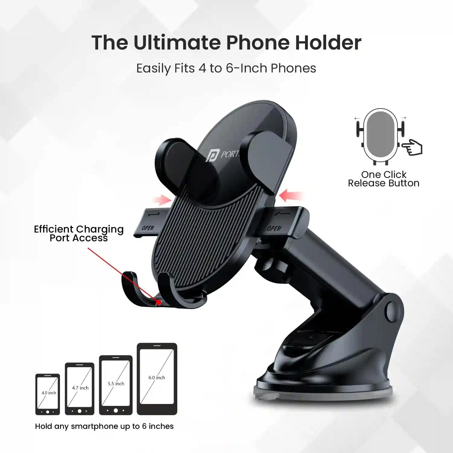 Portronics Clamp M3 Mobile Phone Holder for Dashboard I Easy Setup I One Click Release Button I Strong & Durable(Black)