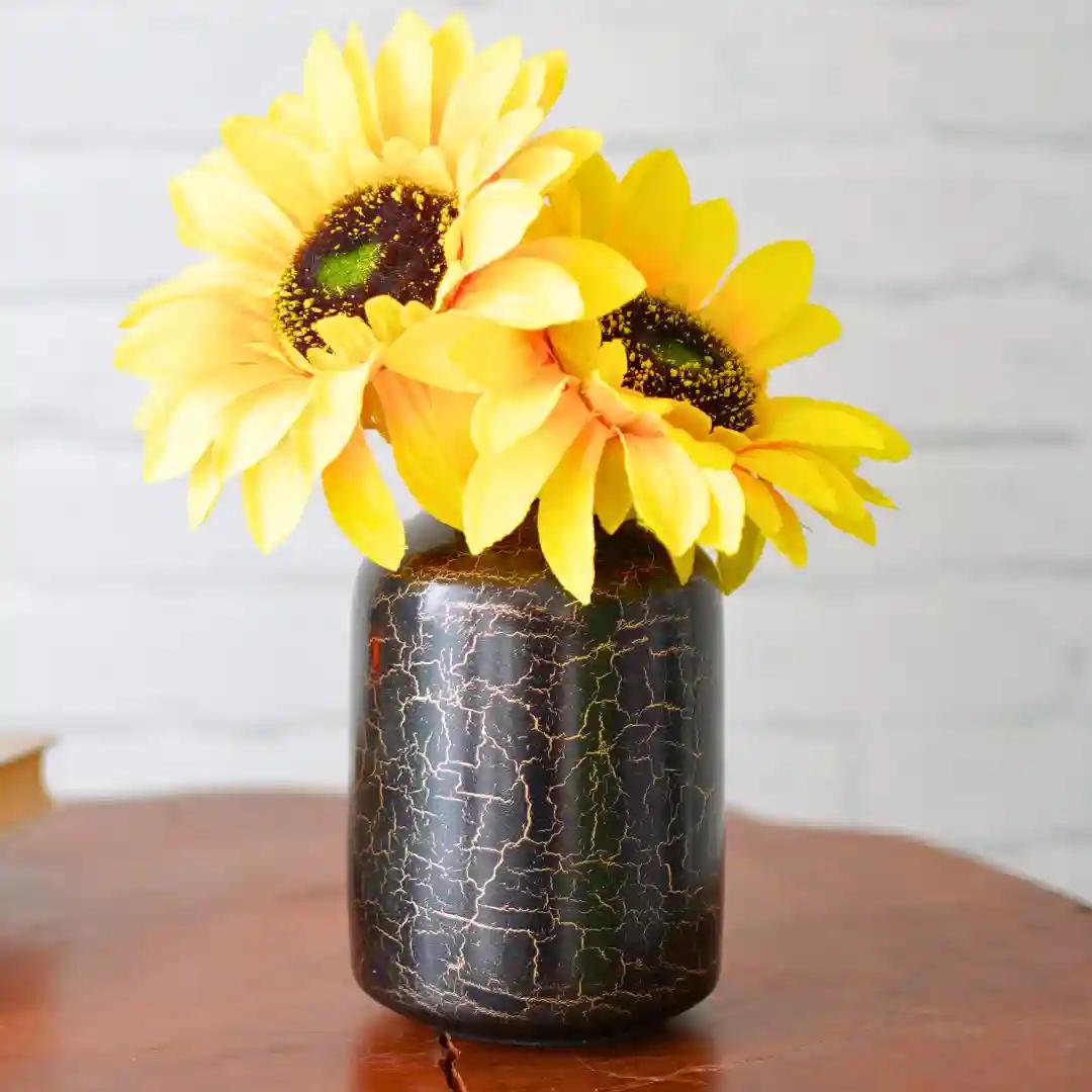 Behoma Metal Flower Vase for Home Decor Bedroom Living Room Office Wedding | Table Decorative Item for Festivals Birthday Black Crackled 1Pcs (10.5 x 15.7 CM) (Flower not Included)