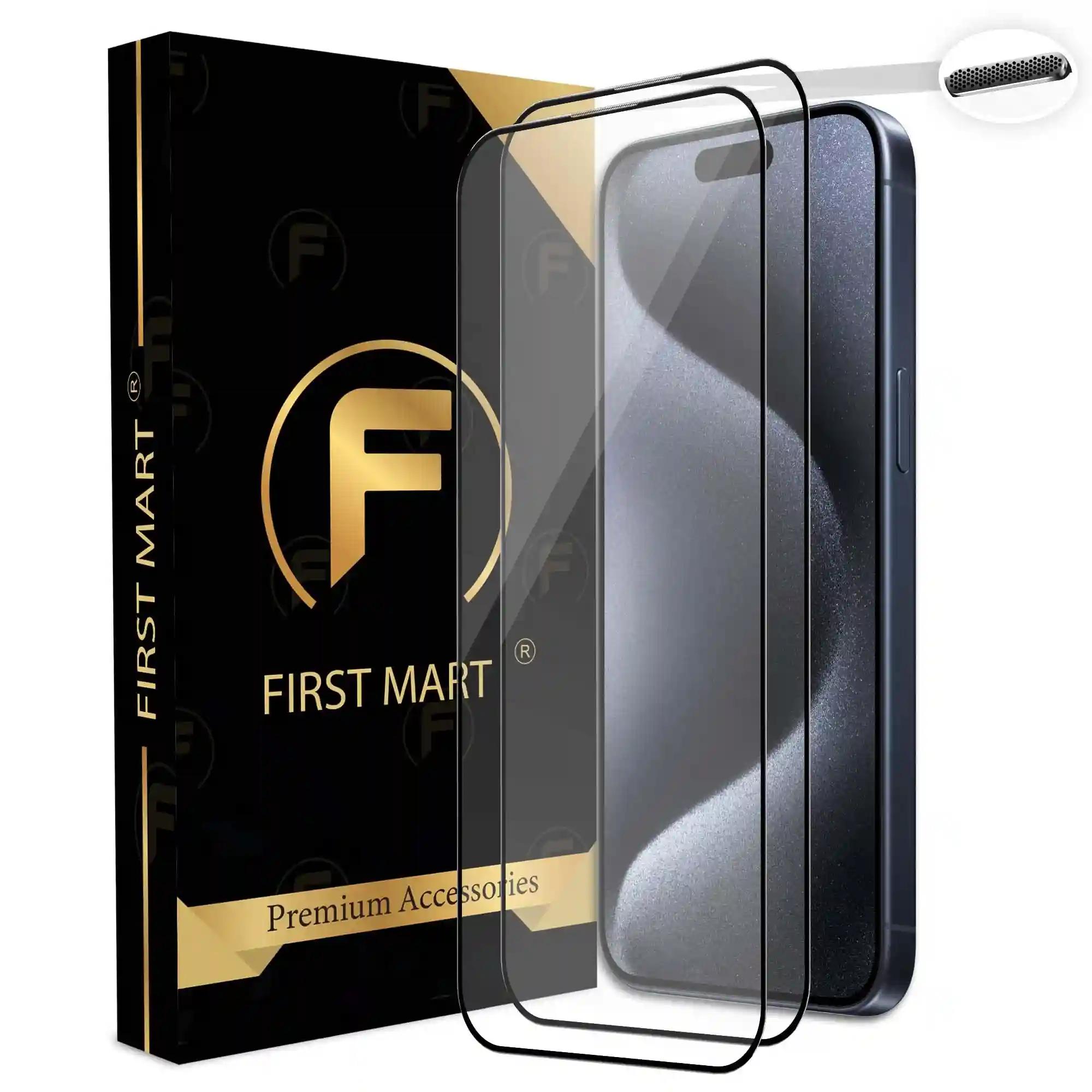 FIRST MART Premium Tempered Glass for iPhone 15 Pro Max Edge to Edge Screen Coverage and Speaker Mesh Dust Filter, Easy Installation Kit, Pack of 2, Black