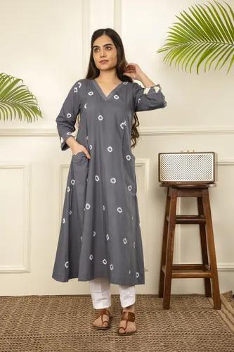 Grey Bandhani Tie And Dye Cotton A-Line Kurta