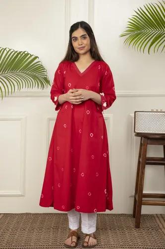 Red Bandhani Tie And Dye Cotton A-Line Kurta