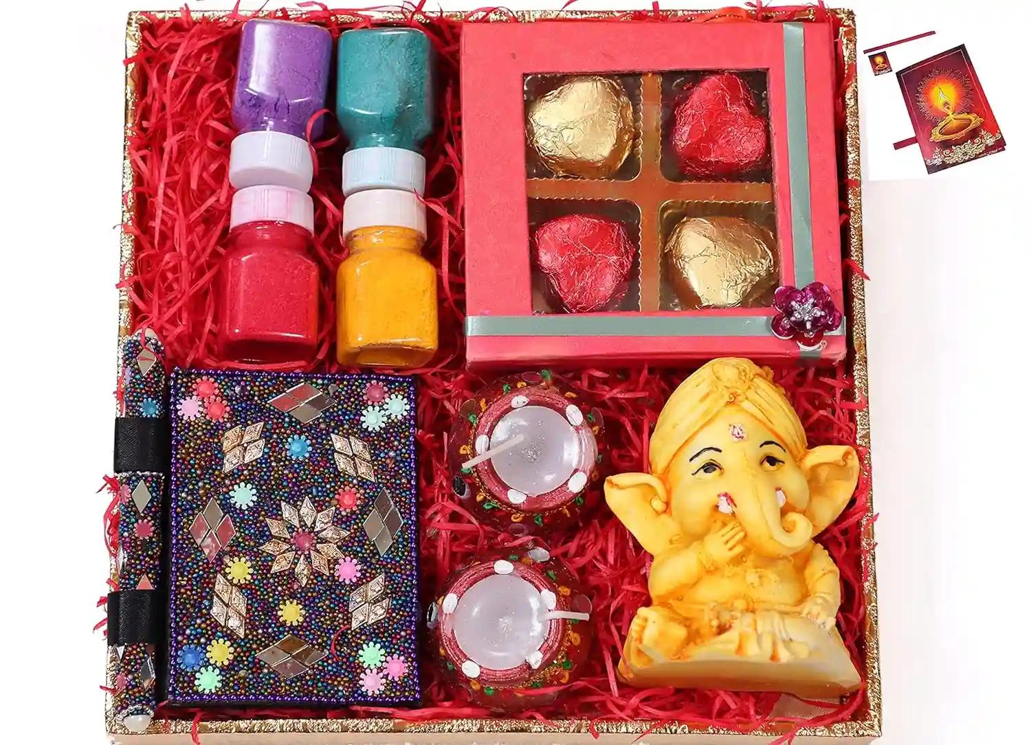 Diwali gift hampers box/Diwali gifts for corporate employees-1 designer tray+Handmade chocolate box+4 decorated diya for Diwali decoration+figurine showpiece+rangoli colours+Diwali greeting card