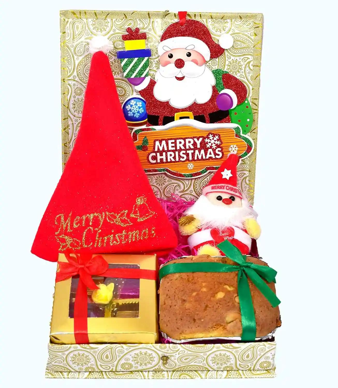 Christmas Gift/Christmas Gift Hamper/Christmas Gift for Friends and Family-Decorated Box+150gms Cake+A Box of Chocolates+Santa Claus Soft Toy+Christmas hangings Decoration+Santa Cap+Christmas Card