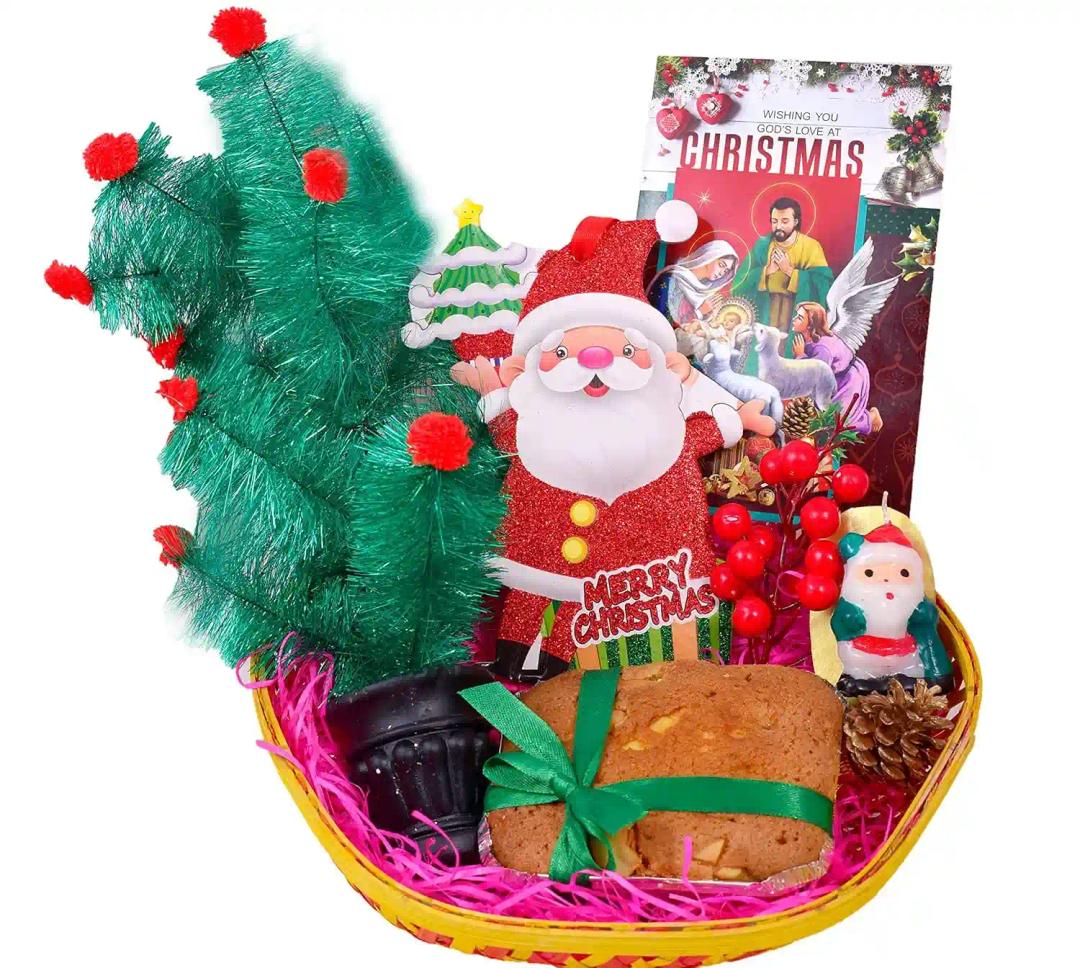 Christmas Cake Gifts/Christmas Plum Cake/Christmas Gifts/Christmas Gift Hamper-Decorated Basket+150gms Cake+Christmas Tree+Santa Claus Candle+Bunch of Decorative Cherry+Pine Cone+Christmas hangings