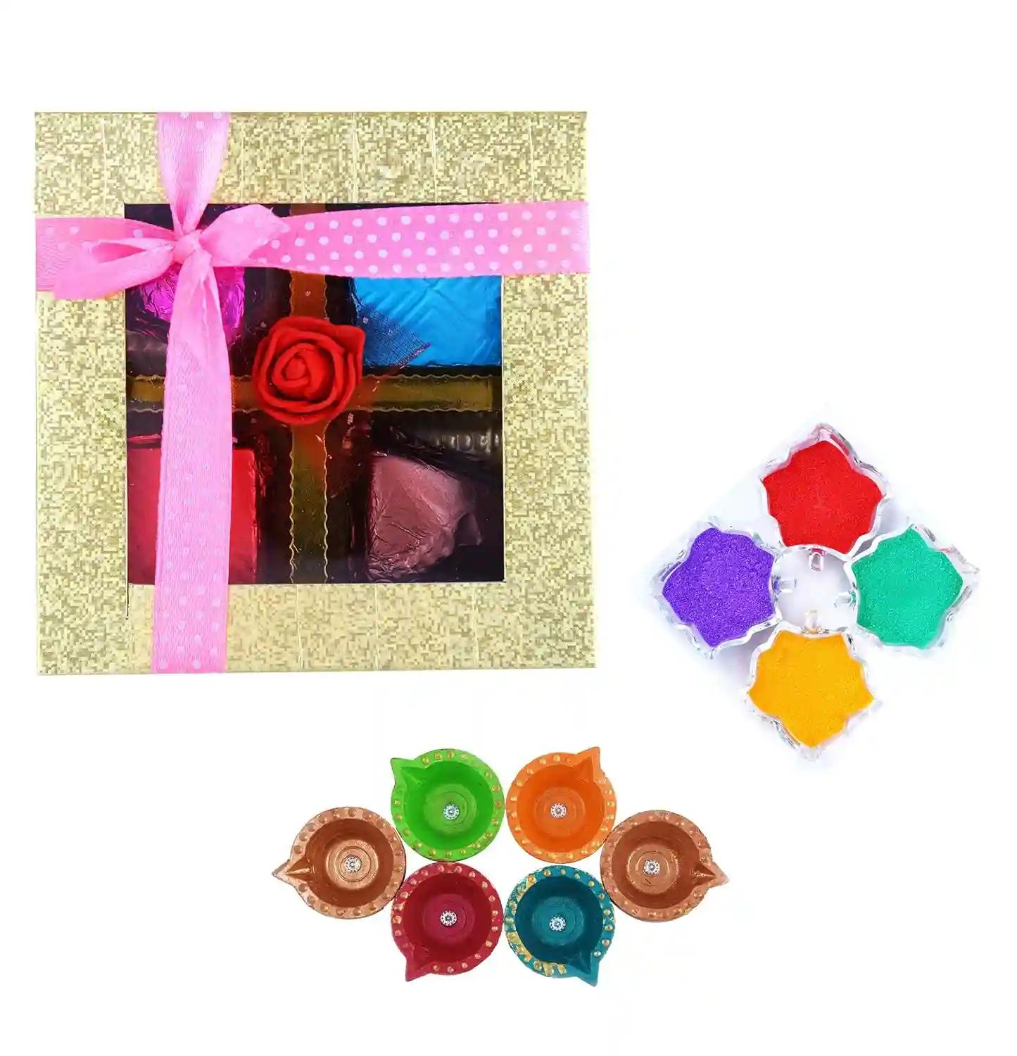 Mantouss Cute Diwali Chocolate Hamper+ 4 Cute Diya and Rangoli Colours