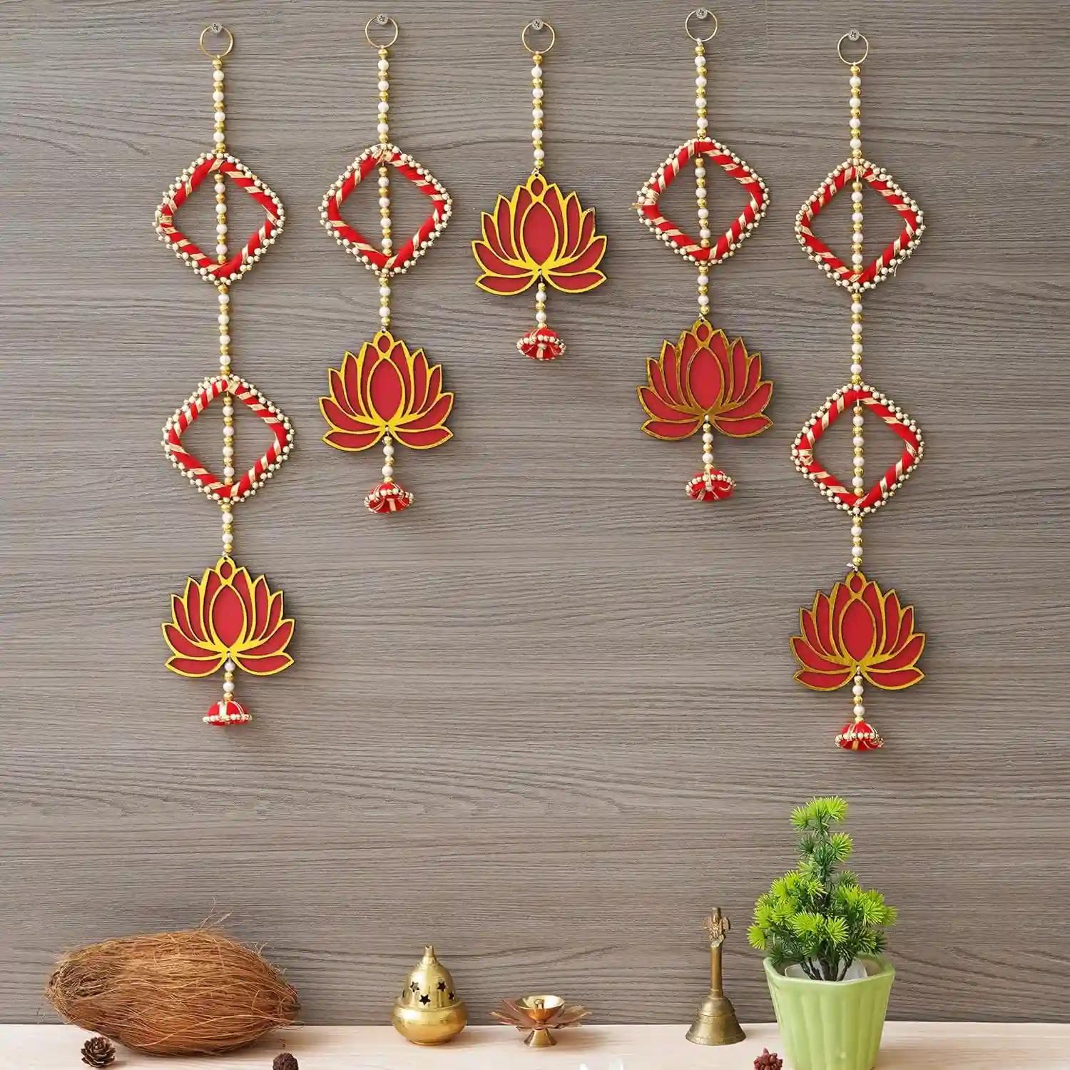 WEBELKART Handmade Lotus Door Wall Hanging |Toran Bandhanwar| Wall Hanging Door Hanging for Diwali/Toran for Door Set of 5 (20x4) Inch Multicolor