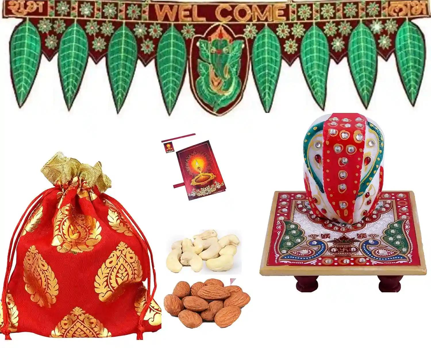 MANTOUSS Diwali Celebrations Gift Hamper/Diwali Gift Box-Designer potli with Almond and Cashew+Ganesha toran/bandherwal for Home Decor+Chowki Ganesha+Diwali Greeting Card