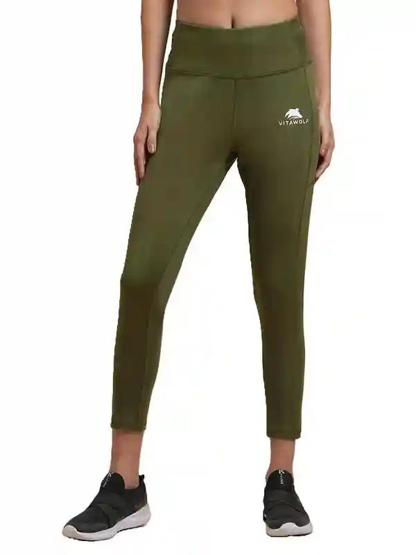 VITAWOLF Women's Tight Gym Wear with Two Side Pocket | Track Pants Ideal for Active Wear, Yoga and Workout | Stretchable Gym Pants for Women | Olive (Medium)