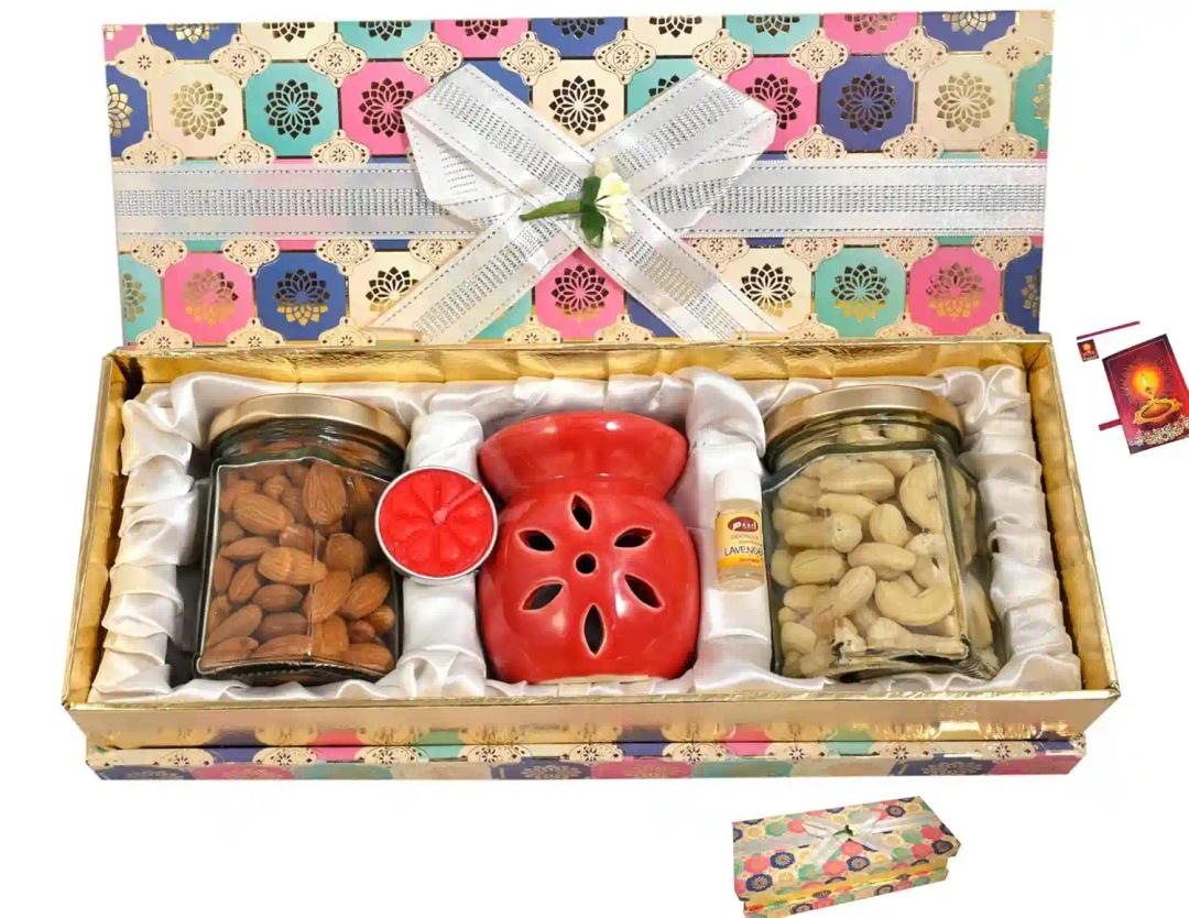 MANTOUSS diwali dry fruits gift box/diwali dry fruits gift pack/diwali gifts/diwali dry fruit gift hamper/diwali gift items-designer box+cashew 100gms+almonds 100gms+Oil Difuser+Diwali greeting Crad