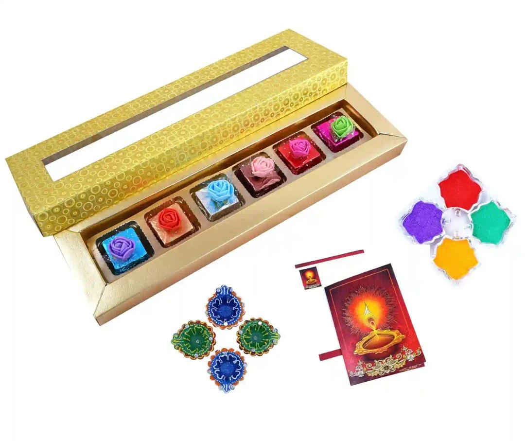 MANTOUSS Deepawali Luxury Chocolate Hamper (Golden) + 2 earthern Diya, Diwali Greeting Card and Rangoli Colours