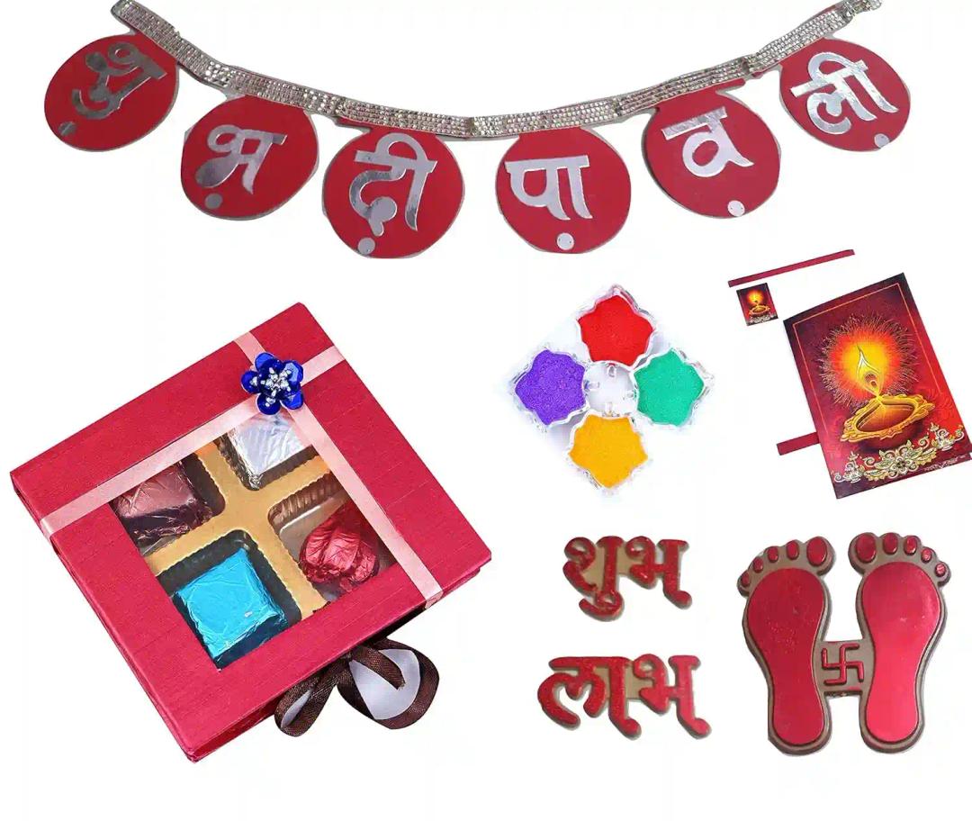 MANTOUSS Diwali gift combo/Diwali gift for employees/Diwali gift for family and friends/Diwali chocolate pack-Box of handcrafted chocolate+shubh deepawali toran+paduka+shubh labh+rangoli colour+greeting card