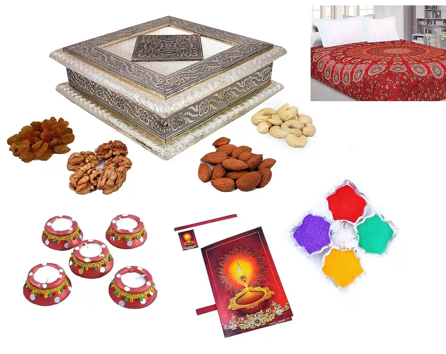 Diwali Dry Fruit Gift Pack-Cashew,Almond,Walnut and Raisin (100gms Each) 400gms+Mandala bedsheet+2 Diya,Card and Rangoli Colours (Dry Fruits+Cute Diya+Mandala BEDSHEET)