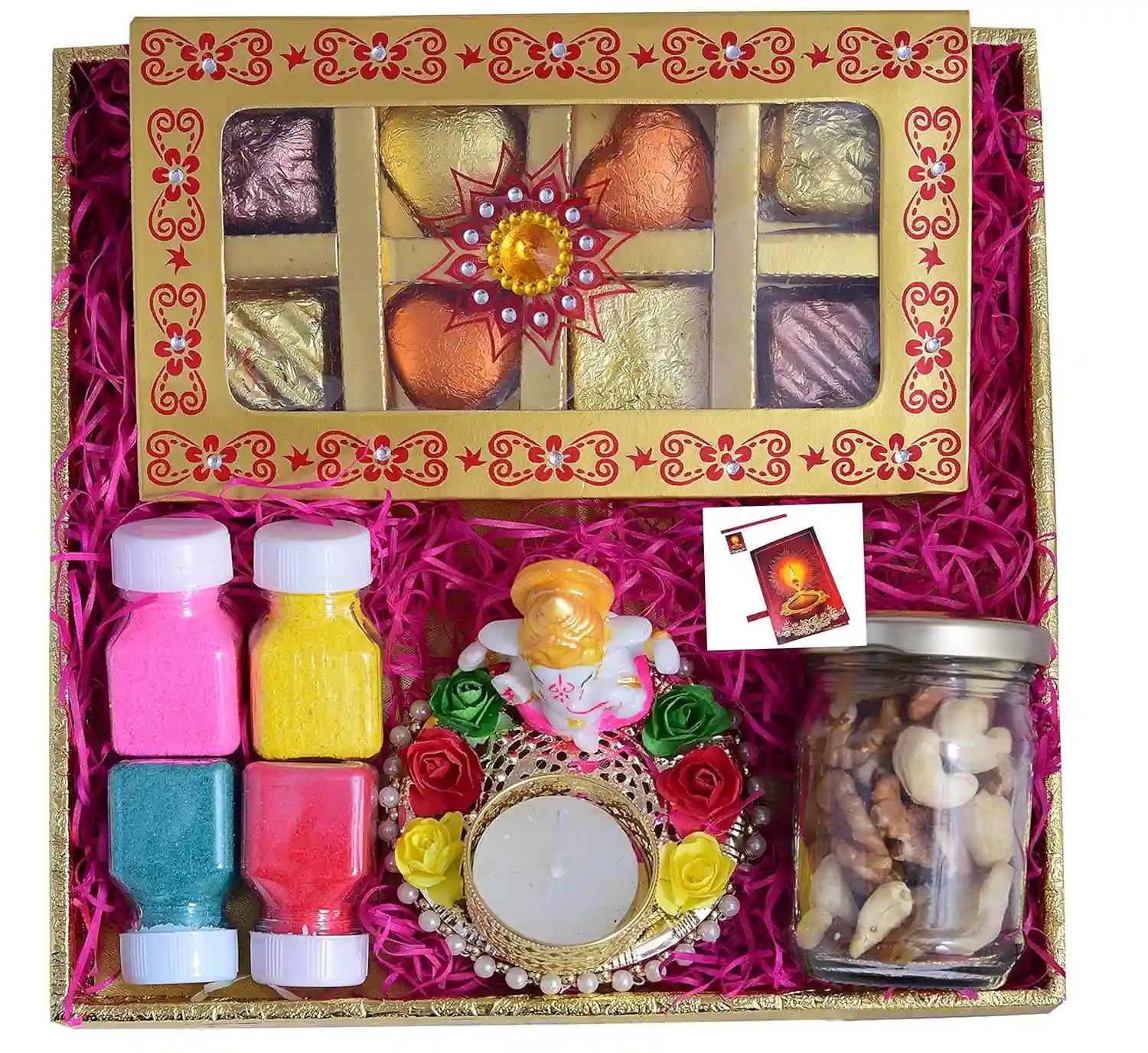 MANTOUSS Diwali Chocolate Gift Pack/Diwali Chocolate Gifts for Corporate Gifting-Designer Chocolate Box +Ganesha tealight Candle Holder+Jar of Mix Dry Fruits+Rangoli Colours+Deepawali Card