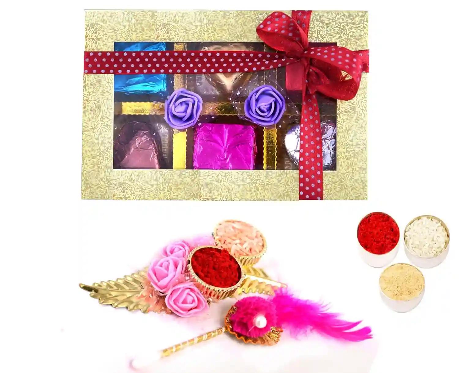 Bhai dooj tika/bhai dooj gift set for brother/bhai dooj tika thali/bhai dooj puja thali set/bhai dooj ke liye thali-Box of fruit and nut chocolate+puja thali+roli chawal chandan