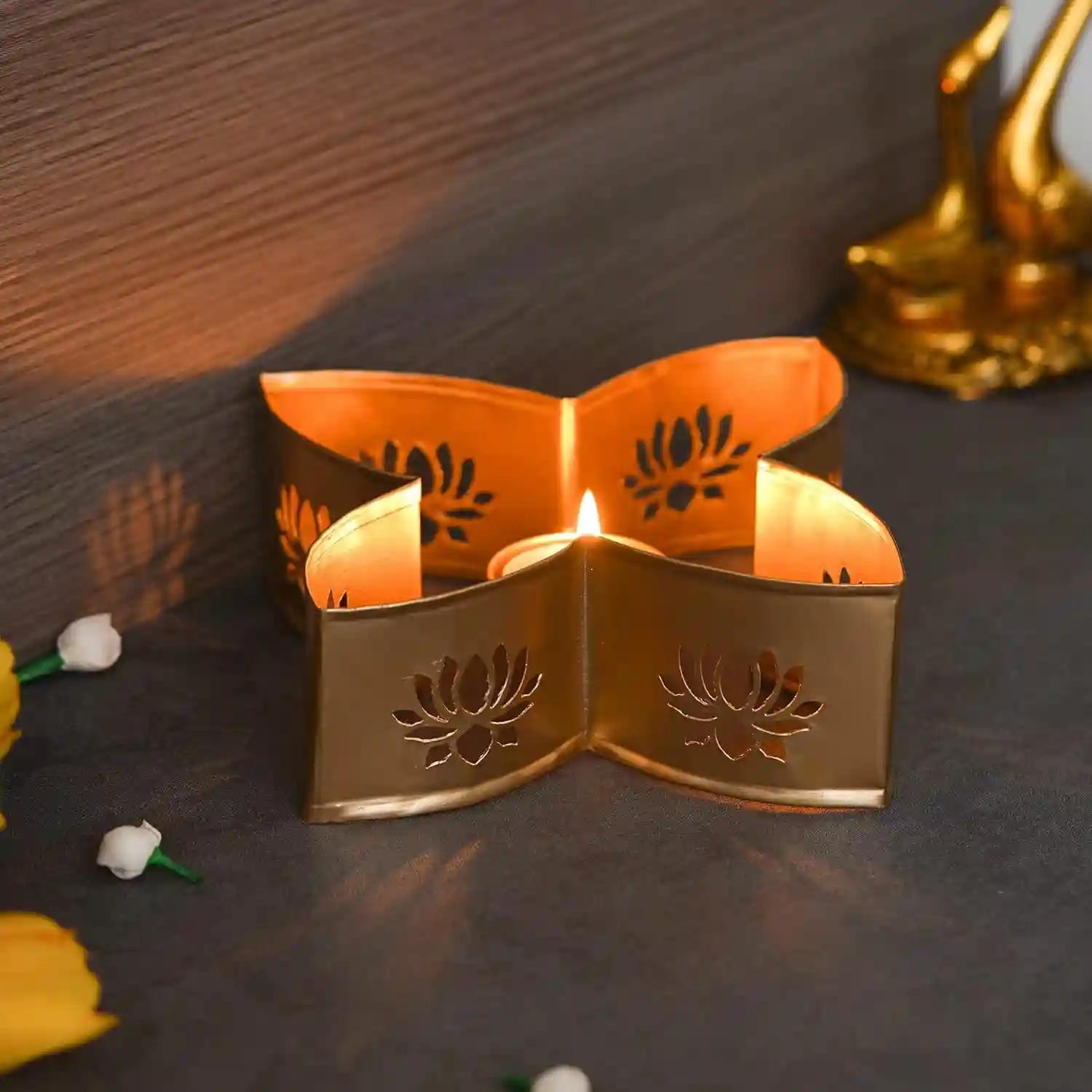 WEBELKART Premium Handcrafted Table Tealight Candle Holder for Home and Office Decor| Hurricane tealight Holder for Diwali and Christmas Decorations (5.5 in, Gold)