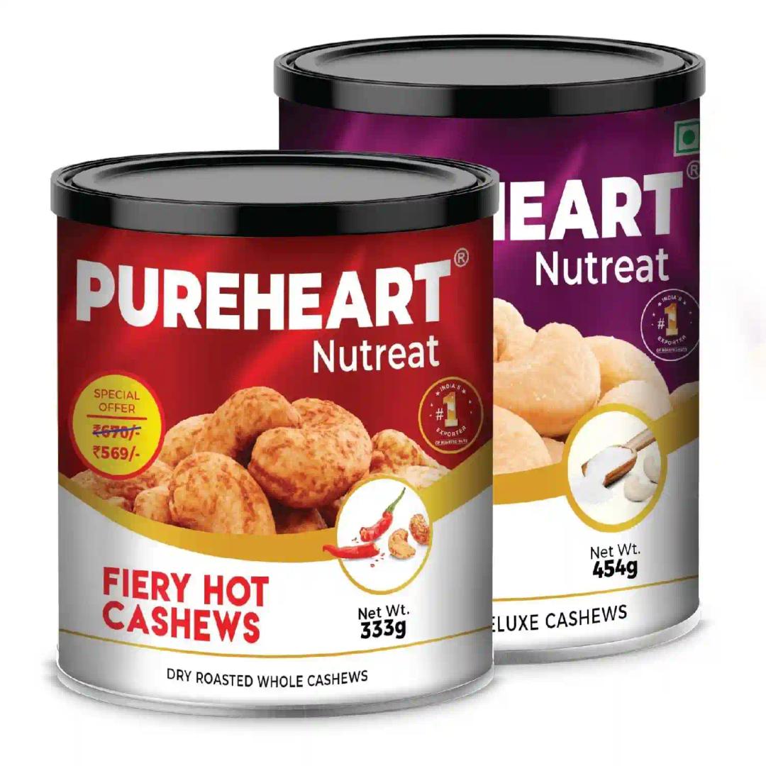 PUREHEART Combo of Fiery Hot Cashews (333 gm) & Salted Cashews (454 gm) Delicious, Crunchy Dry Fruit Snack, Ideal Gift for Everyone