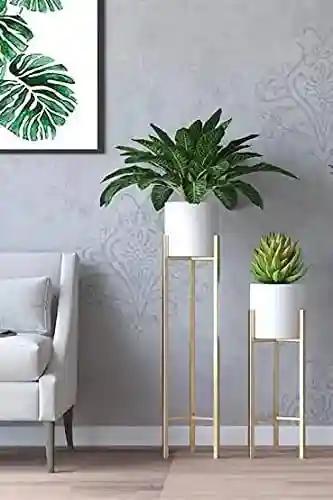 AMASS HANDICRAFTS Modern Metal Floor Flower Stands Planter for Living Room Bedroom Display Plant Stand Tall Indoor Plant Stand with Planter Pot - Set of 2 (White)