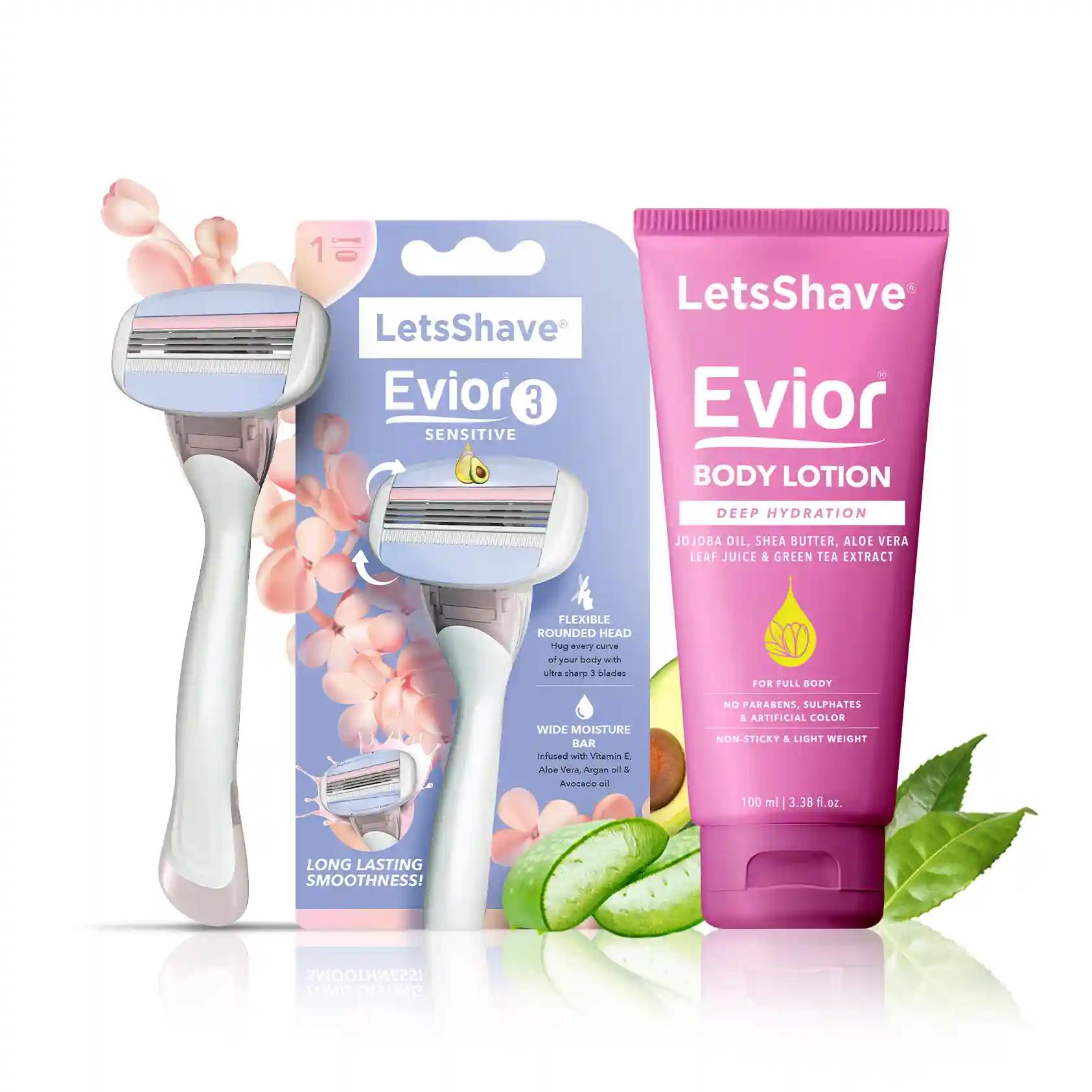 LetsShave Evior 3 Blade Full Body Razor For Women & Body Lotion 100 Ml | Hair Removal Razor