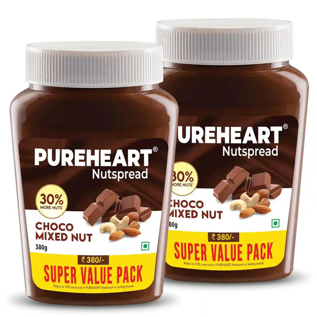 PUREHEART Nut Spread Choco Mixed Nut (380 gm, Pack of 2) Nutty Chocolate Spread for Breakfast, Delicious, Smooth & Creamy Snack