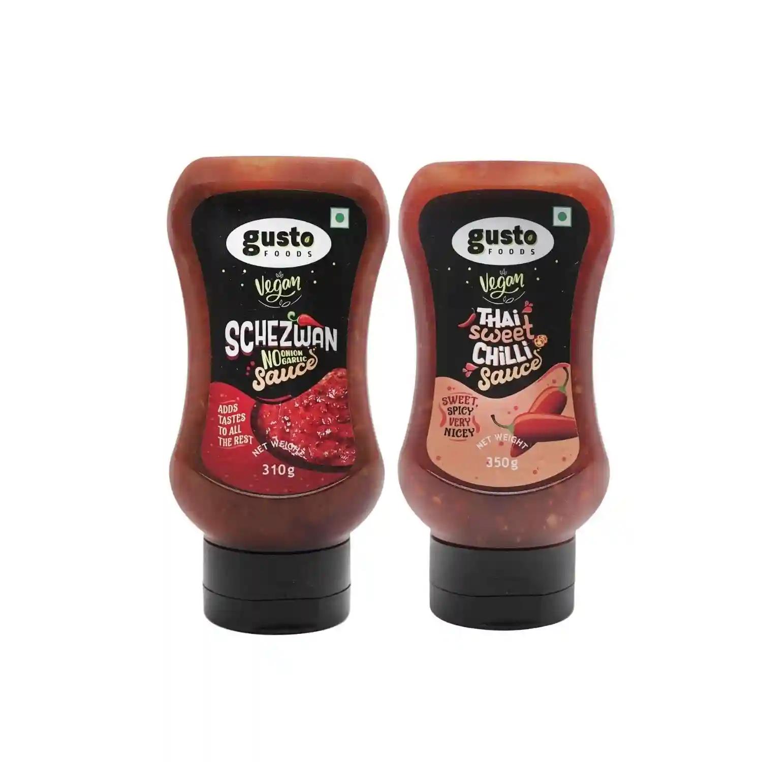 Gusto Foods Schezwan Sauce (310g) And Thai Sweet Chili Sauce (350g) Combo (1 Each) | Ready to Cook Sweet Chilli Garlic Dip Sauce with No Garlic No Onion Schezwan Sauce