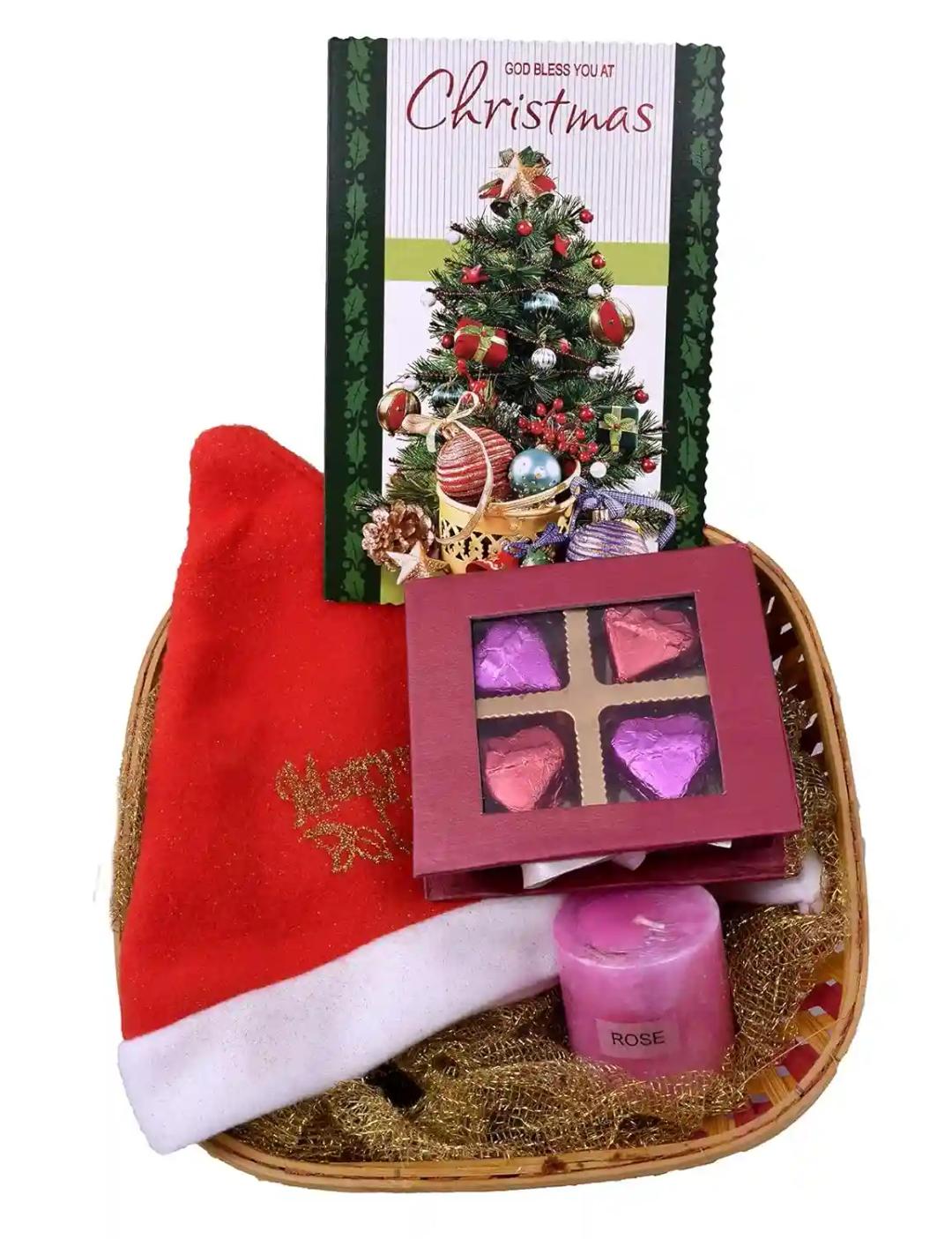 MANTOUSS Christmas Gift Hamper-Chocolate in a Decorated Box + scenetd Candle + Christmas Card + Santa Cap