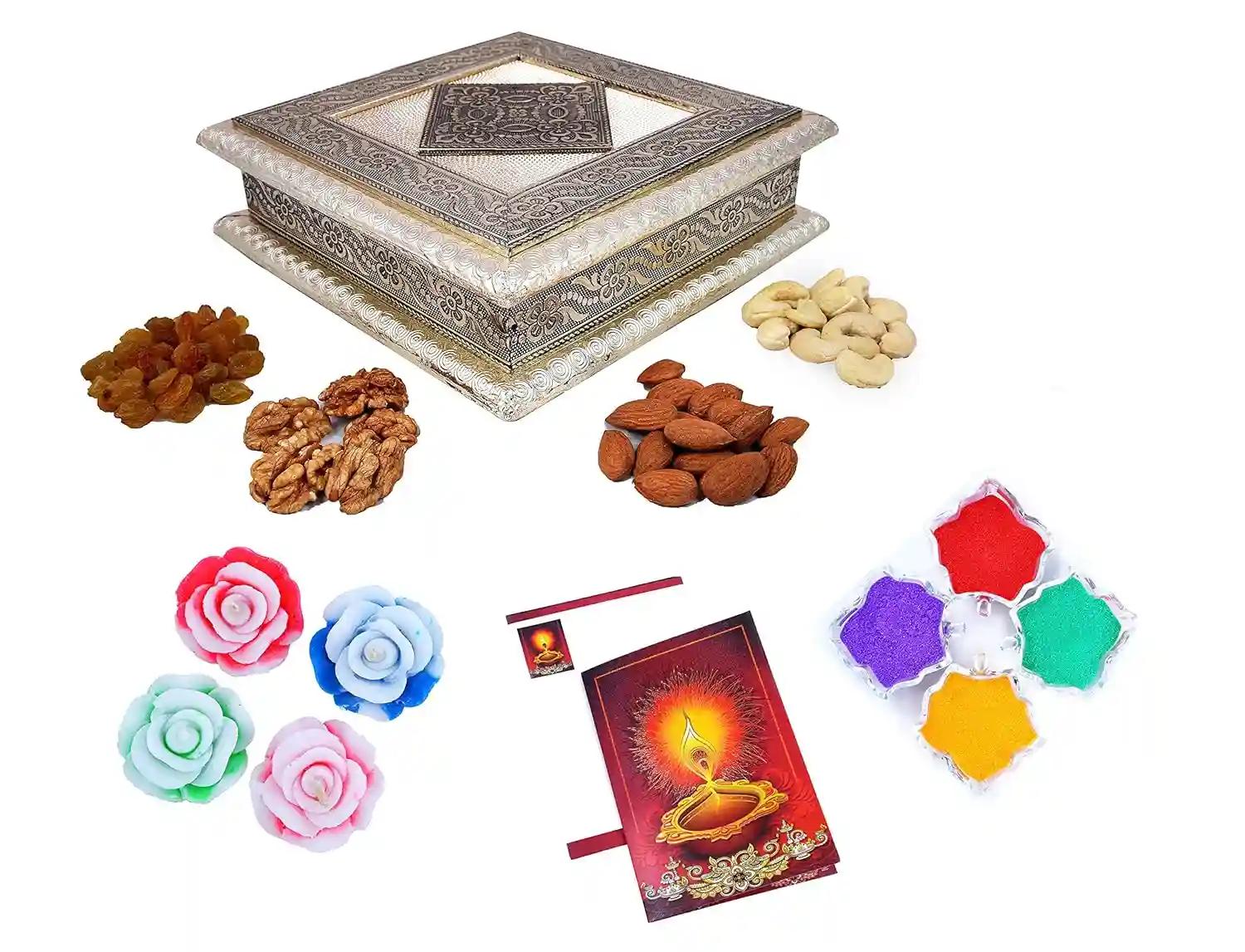 MANTOUSS Diwali Oxidised Dry Fruit Hamper/Pack/Combo-Cashew,Almond,Walnut and Raisin (100gms Each) 400gms + 2 Floating Diya, Diwali Greeting Card and Rangoli Colours