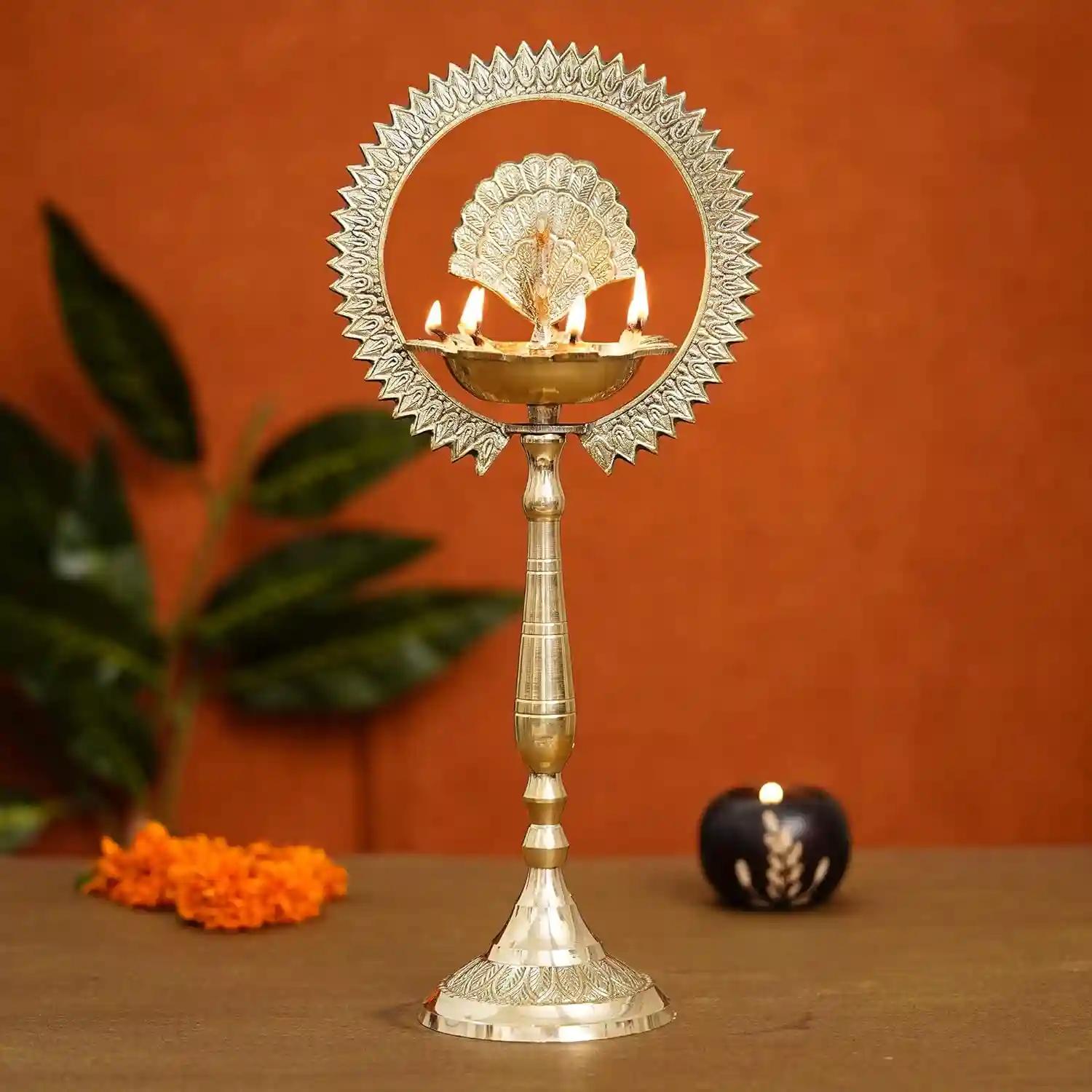 WEBELKART Premium Peacock Indian Traditional Brass Table Deepak Samay Diya Oil Diwali Puja Lamp, Golden- 14.50 in