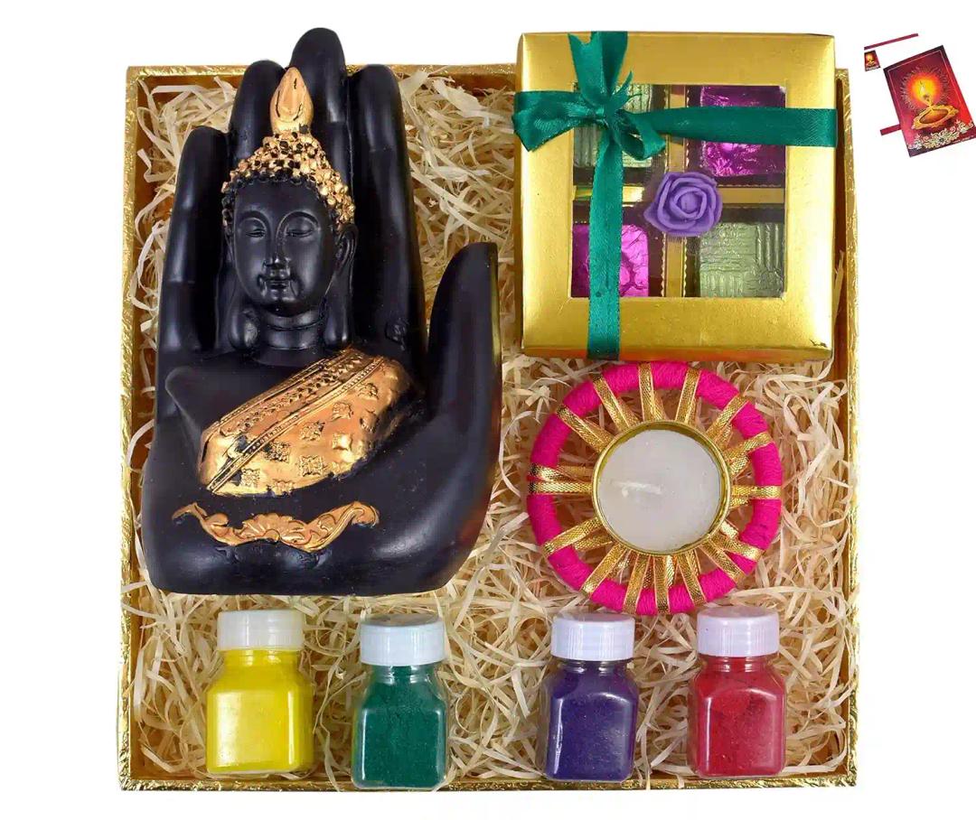 Diwali gift hamper/diwali chocolate gift pack/diwali gift items/diwali gifts for friends and family-Chocolate box+Showpiece figurine+Decorative diya with tealight+Rangoli Colours+Diwali Greeting Card