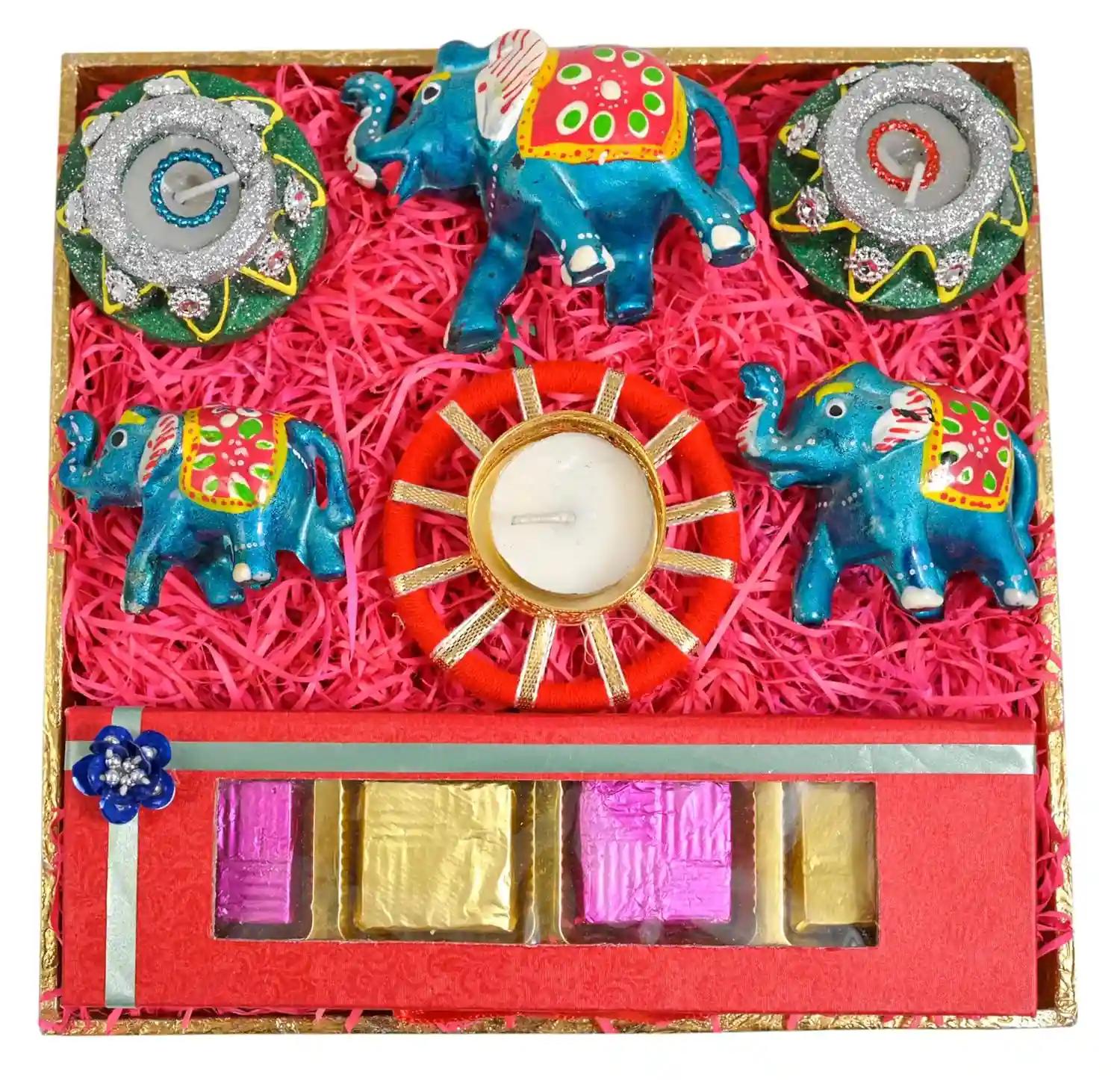 MANTOUSS Diwali gift hamper/Diwali gifts for employees/diwali gift for family-decorated tray+Handcrafted chocolate box+2Matki diya+Set of 3 elephant for decor+1 designer candle holder+Greeting Card