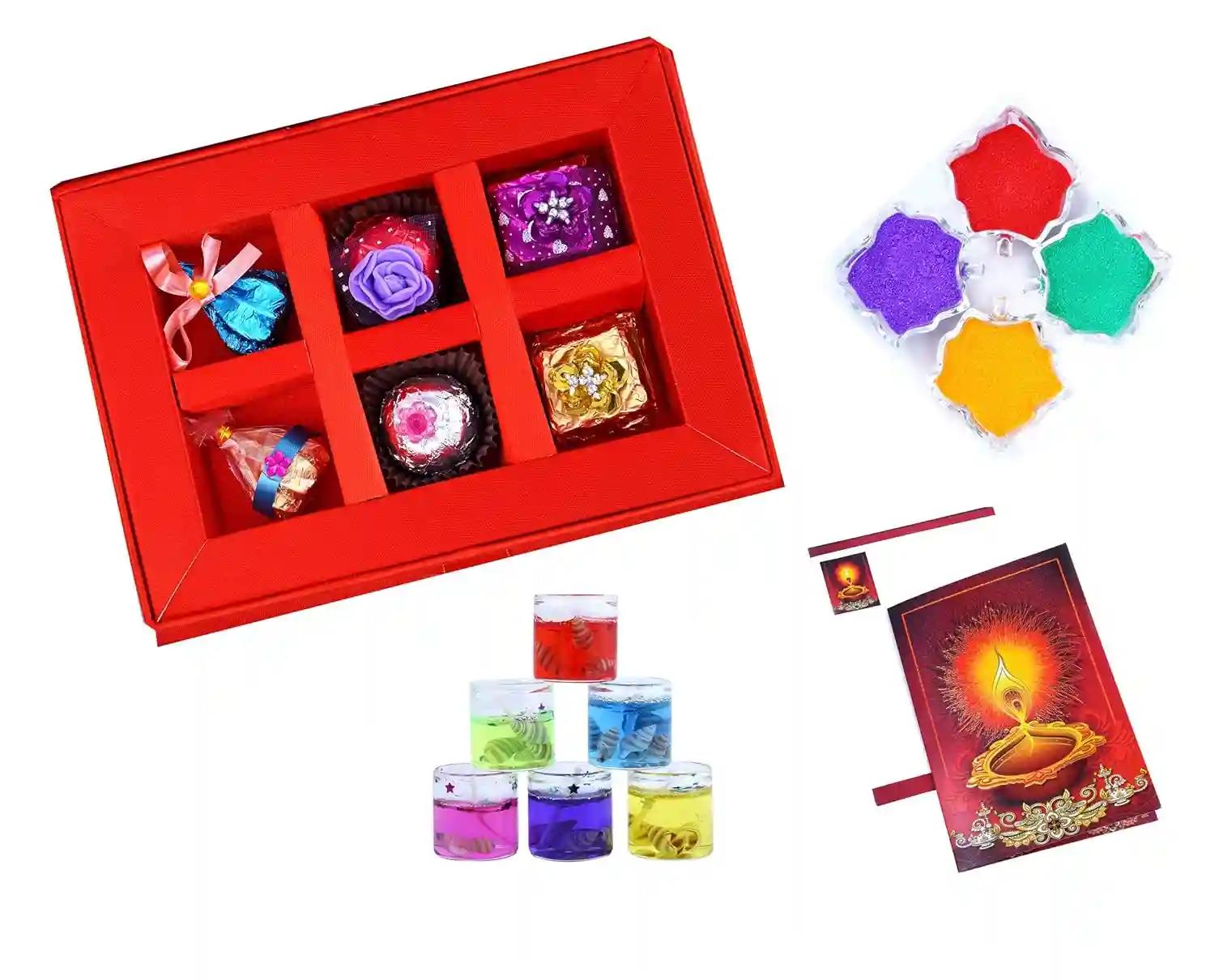 MANTOUSS Diwali Chocolate Gift in Premium Red Satin Box + 2 Gel Filled Glass Candle, Diwali Greeting Card and Rangoli Colours