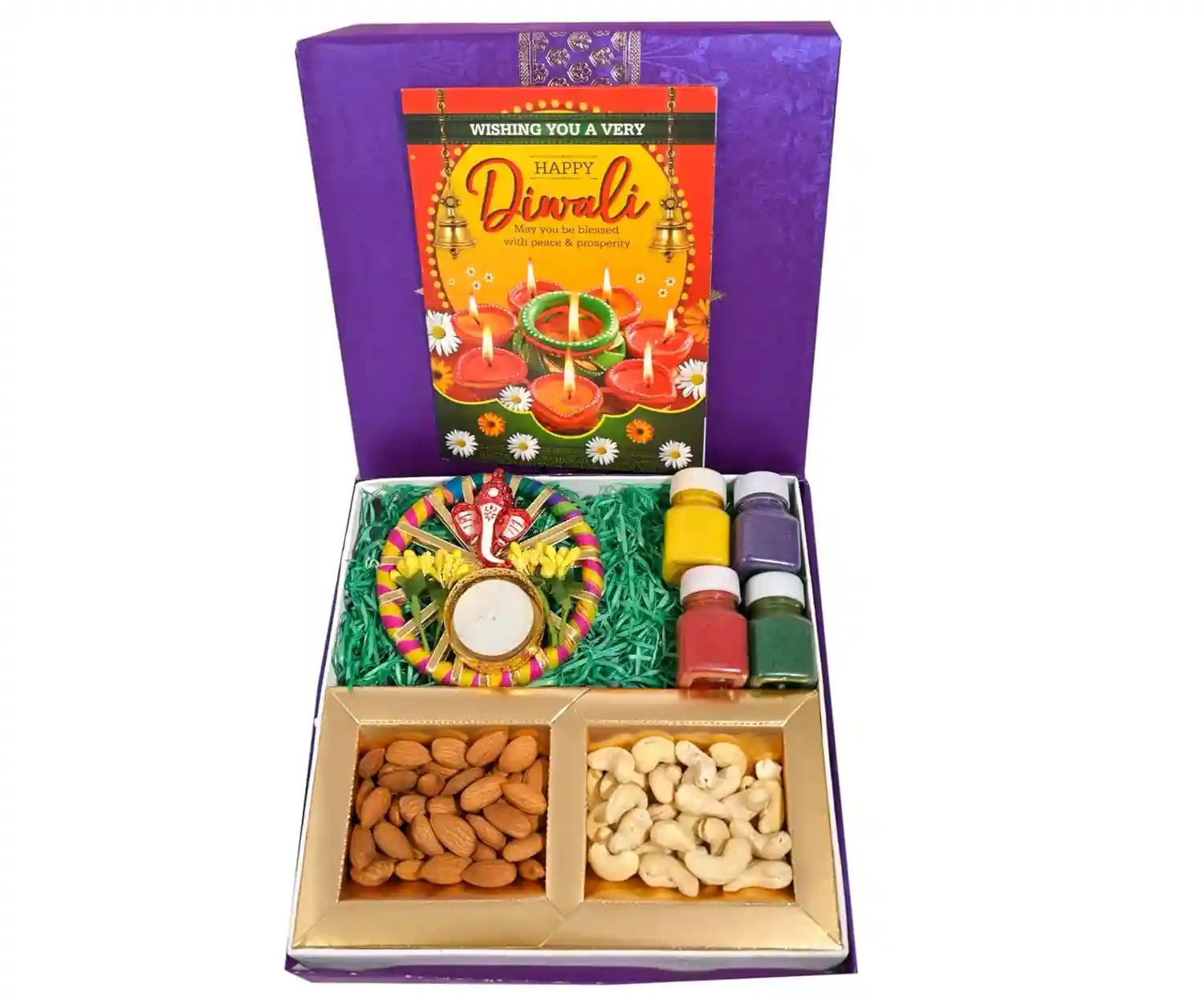 MANTOUSS Diwali Corporate Gifts/Diwali Gifts for Employees/Diwali gifts-50gms Almonds+50gms Cashew+1 Designer Candle Holder with tealight+Pair of ambawadi Elephant for Decor+Rangoli Colours+Card