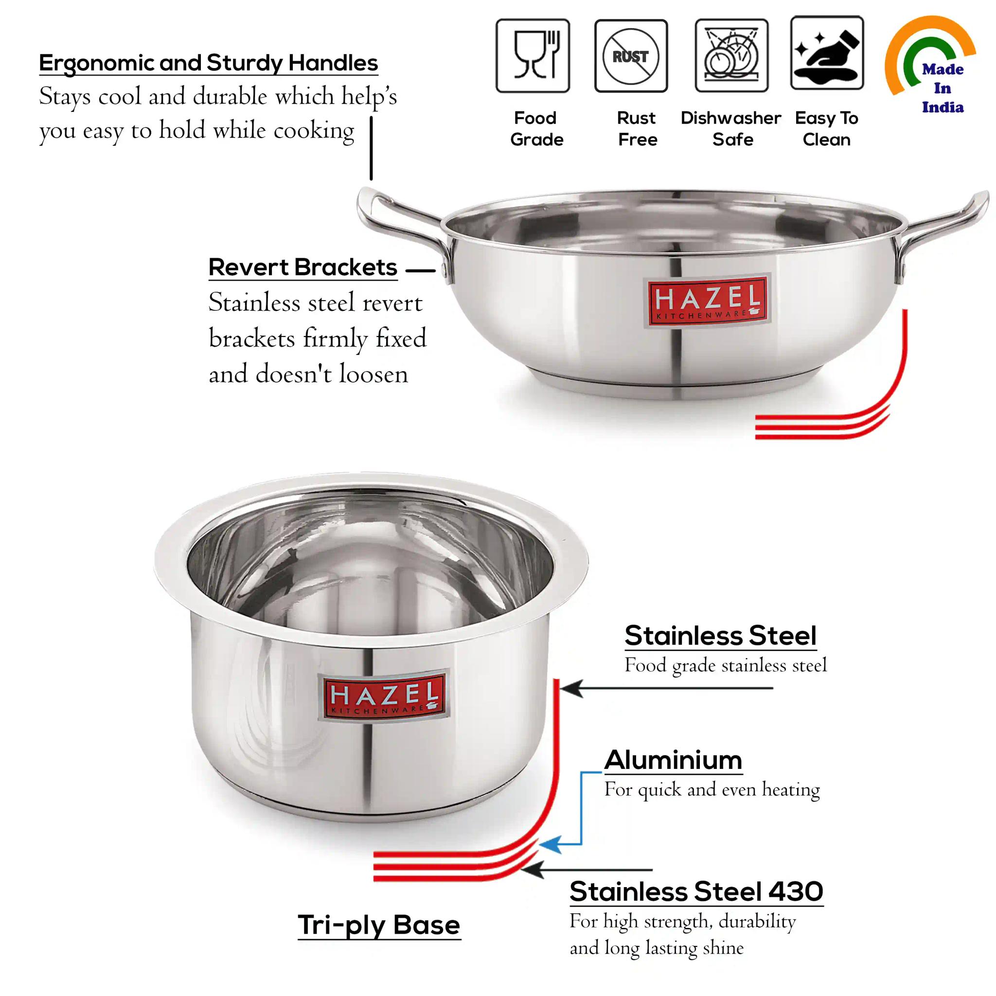 HAZEL Induction Base Cookware Set | Stainless Steel Induction Bottom Cookware Bartan Combo for Cooking (Kadhai, Tope, 2 Steel Lid Cover) 4 Pieces, Silver