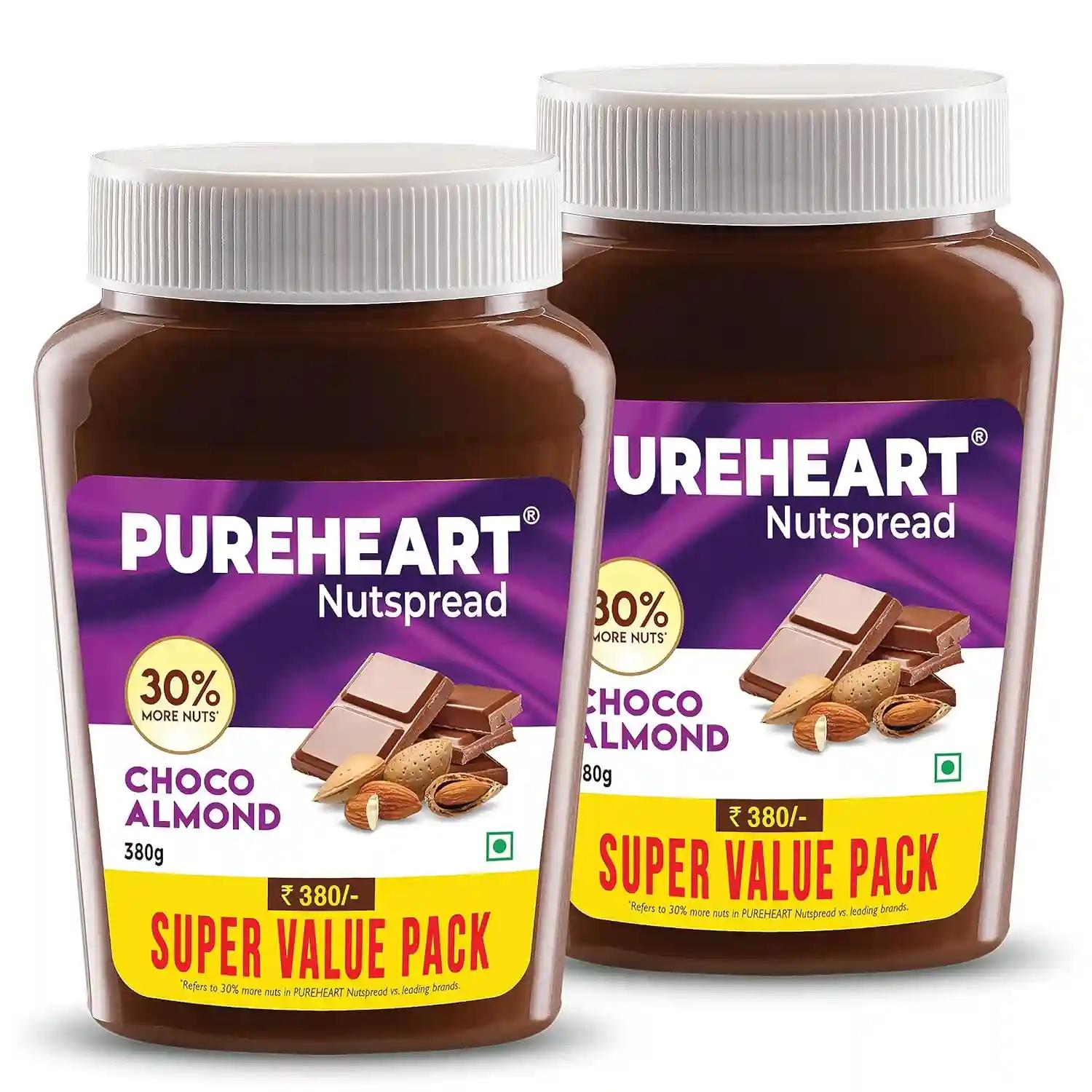 PUREHEART Choco Almond Nut Spread (380 gm, Pack 2) Delicious, Smooth and Creamy Snack, Nutty Chocolate Almond Spread for Breakfast