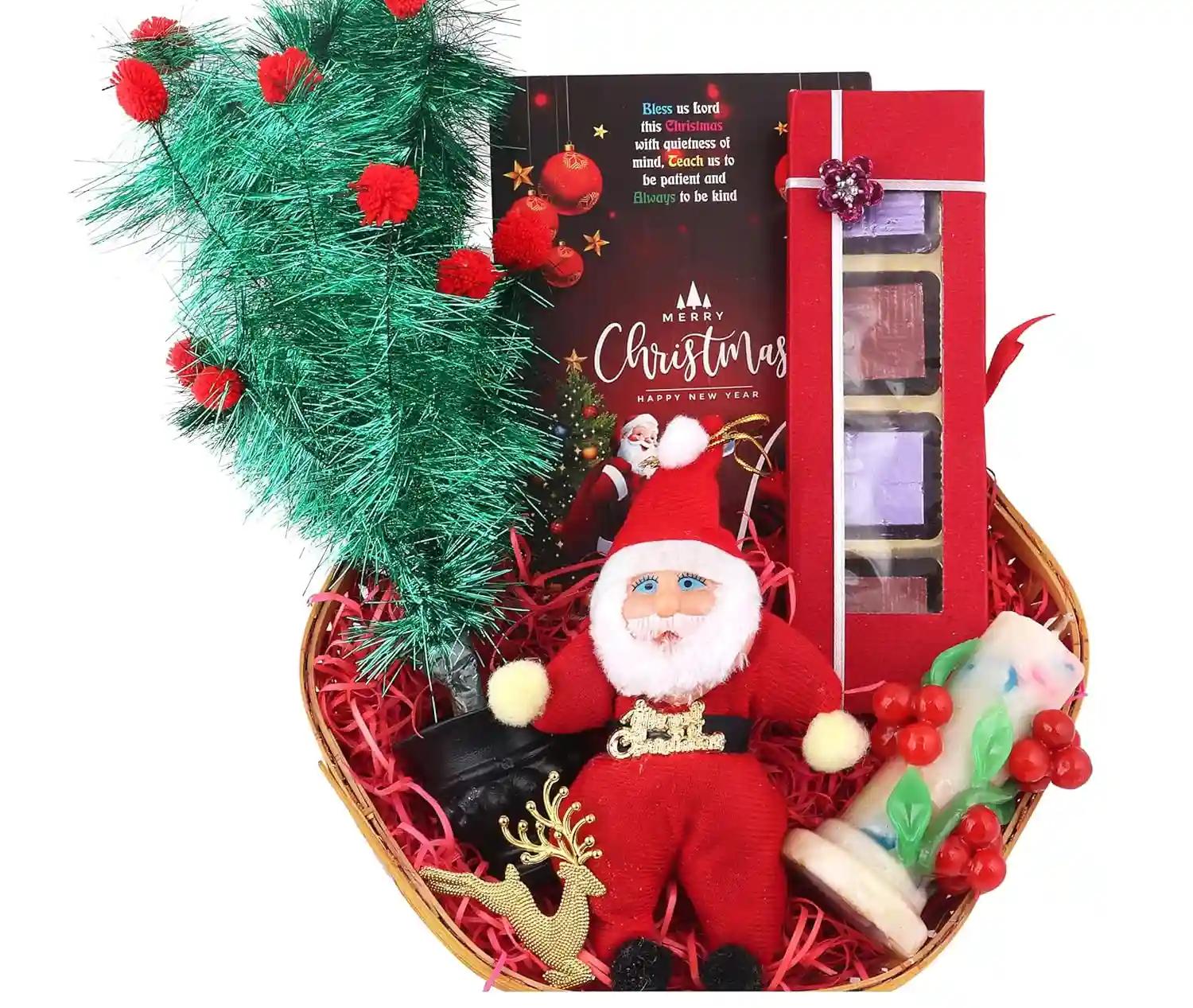 Christmas gift box/christmas gifts/christmas gift hamper/christmas basket-Handcrafted fruits and nuts chocolates+cherry tree shaped candle+santa clause soft toy+tree decoration items+card