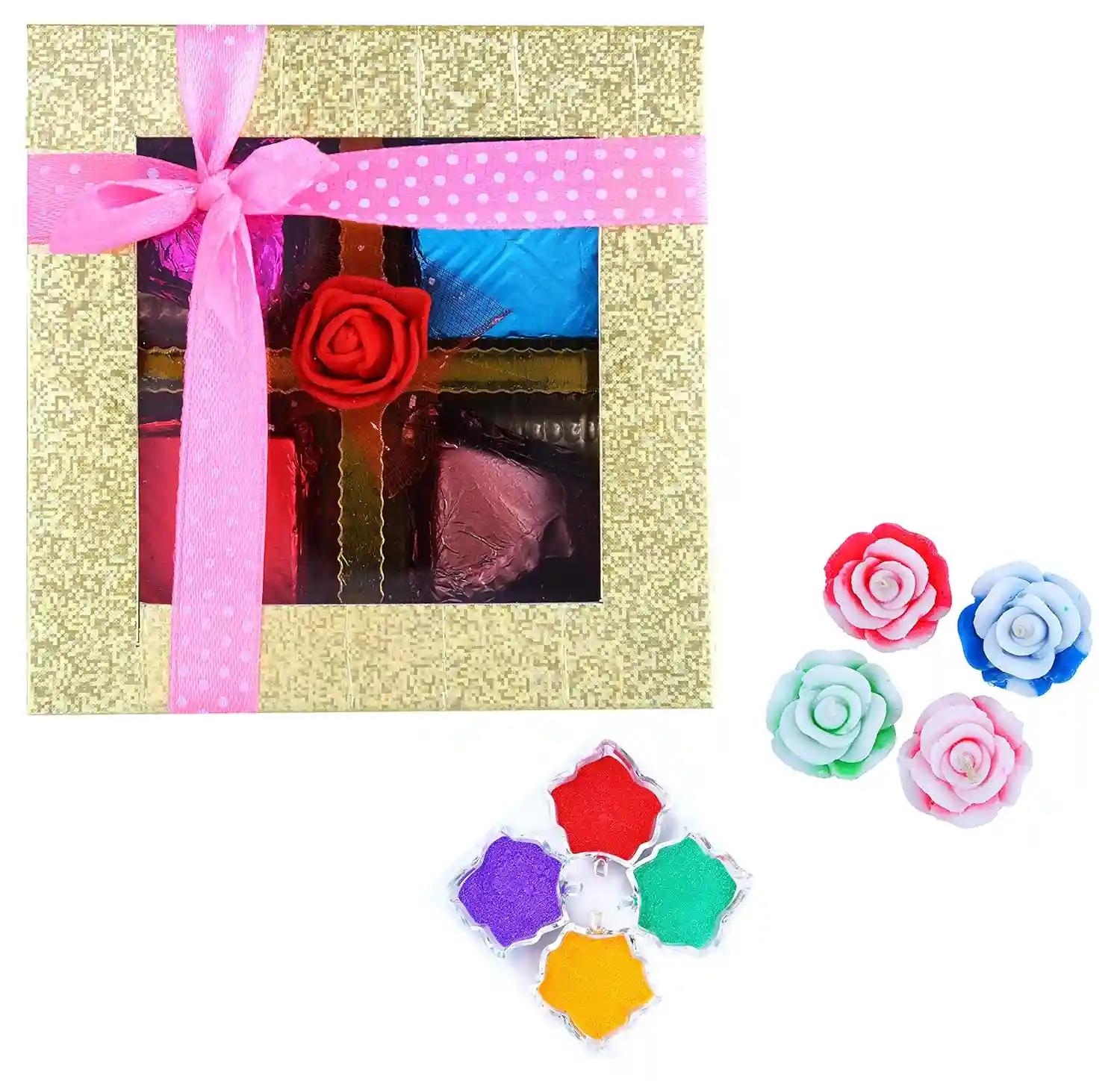 Mantouss Cute Diwali Chocolate Hamper+ 2 Floating Diya and Rangoli Colours