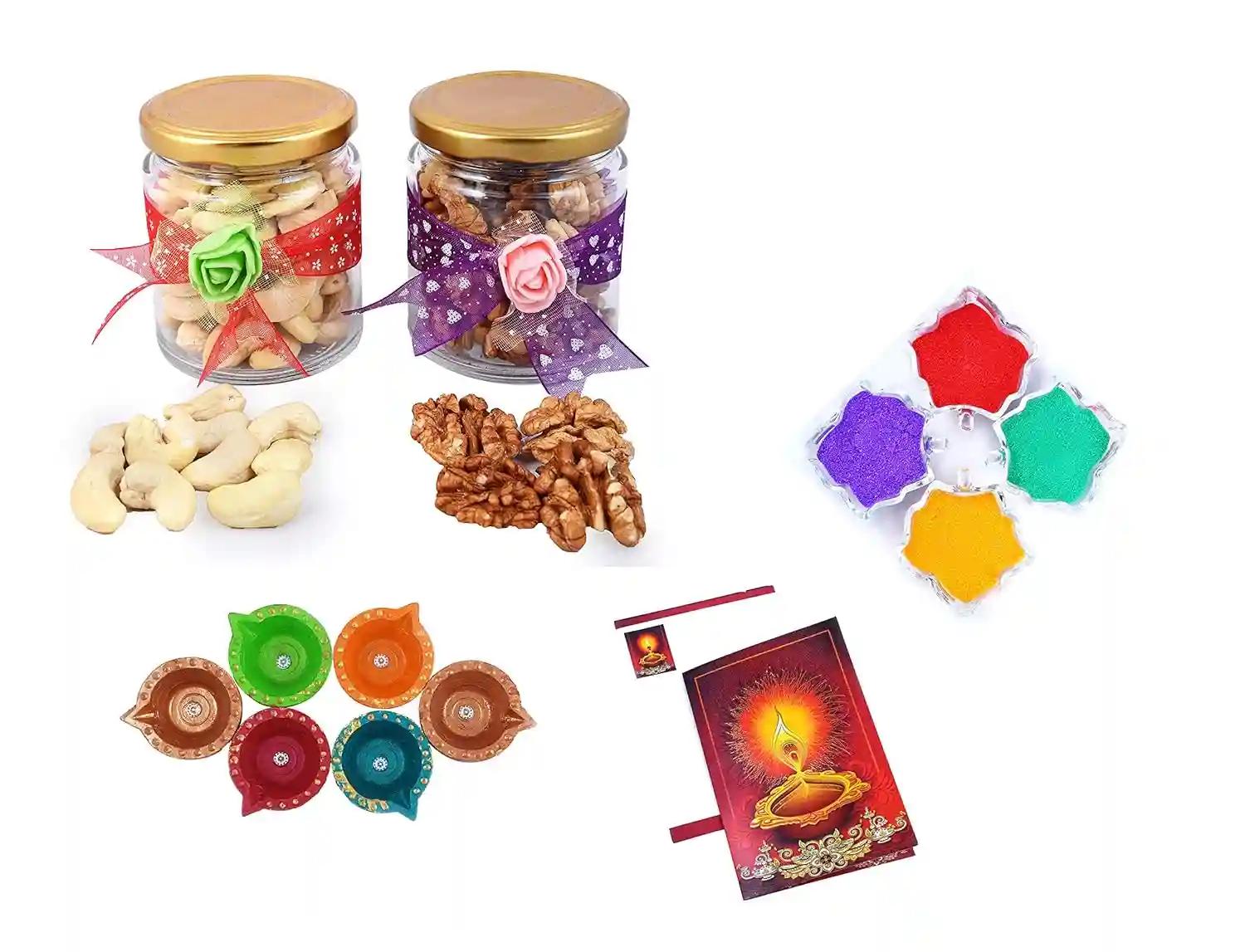 MANTOUSS Diwali Dry Fruit Decorative Glass Jar-Cashew and Walnut(100gms Each),200 GMS + 2 Cute diyas, Rangoli Colours and Diwali Greeting