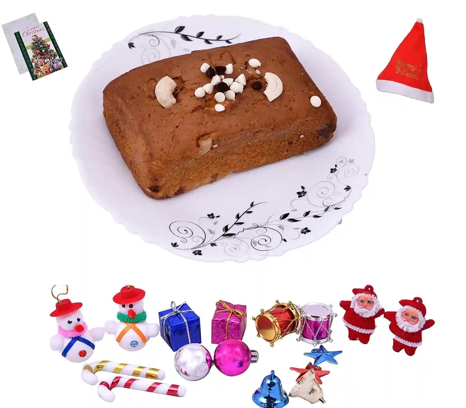 MANTOUSS Christmas Gift of Cake-Christmas Plum Cake(150gms) + Christmas Card + Santa Cap + Christmas Tree Decoration Set