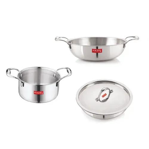 HAZEL Triply Stainless Steel Induction Bottom Tope with Handle 2.3 Litre, Kadhai and Tasra 1.2 Litre with Stainless Steel Lid