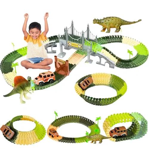 FIRST MART Racing Car Dinosaur Toys for Kids 5 Years with Flexible Tracks, 1 LED Mini Car Toys for Kids, 2 Dinosaur Toy Figures & a Bridge | Toys for 3 + Year Old Boy