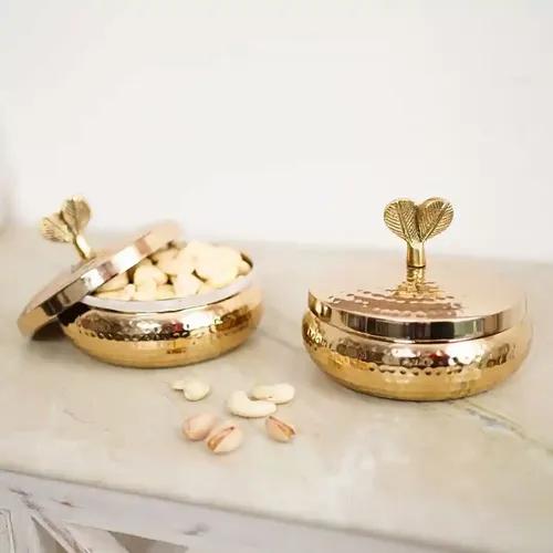 Behoma Golden Metal Hammered jar/Container/Diwali gift/Dry fruit box/Chocolate Box/Diwali Gift Box - Set of 2