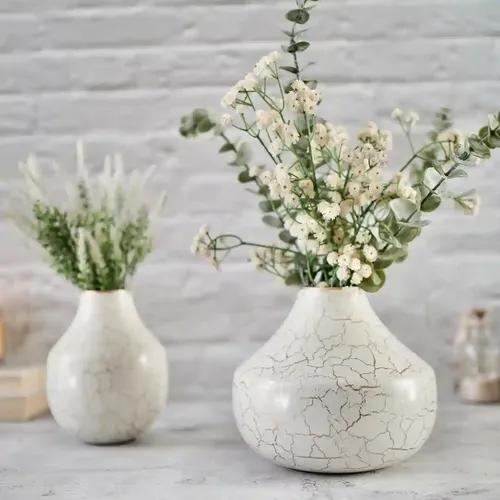 Behoma Metal Flower Vase for Home Decor Bedroom Living Room Office Wedding | Table Decorative Item for Festivals Birthday Off Multicolour Crackled White (Set of 2)