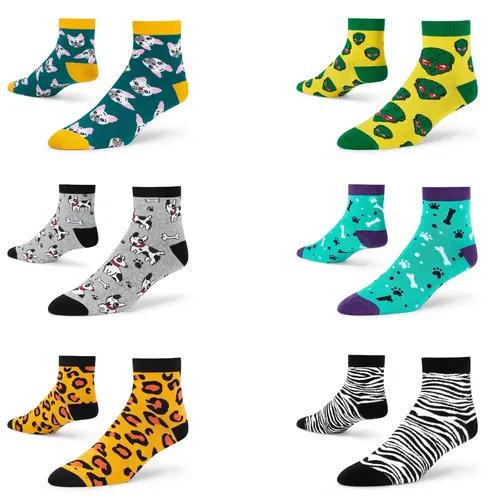 DYNAMOCKS Men's and Women's Combed Cotton Ankle Length Socks (Pack of 6) (Multicolour, Free Size)_Happy_Pug_Aliens_Paws_Leopard_Zebra