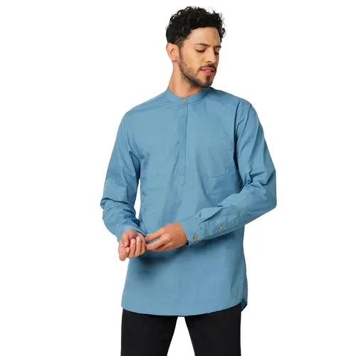 Indivisual Men's Premium Cotton Solid Sea Blue Shirt Kurta - S