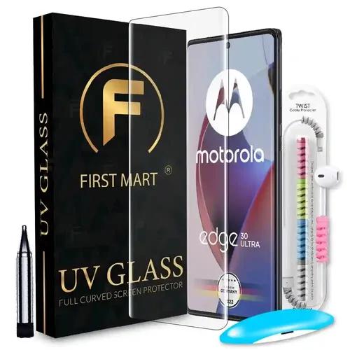 FIRST MART Tempered Glass for Motorola Edge 30 Ultra with Edge to Edge Full Screen Coverage and Easy UV Glue Installation Kit and Cable Protector, Pack of 1